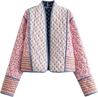 Omoone Women's Reversible Floral Cropped Puffer Jacket - Lightweight Quilted Warm Cardigan Coat for Fall Winter