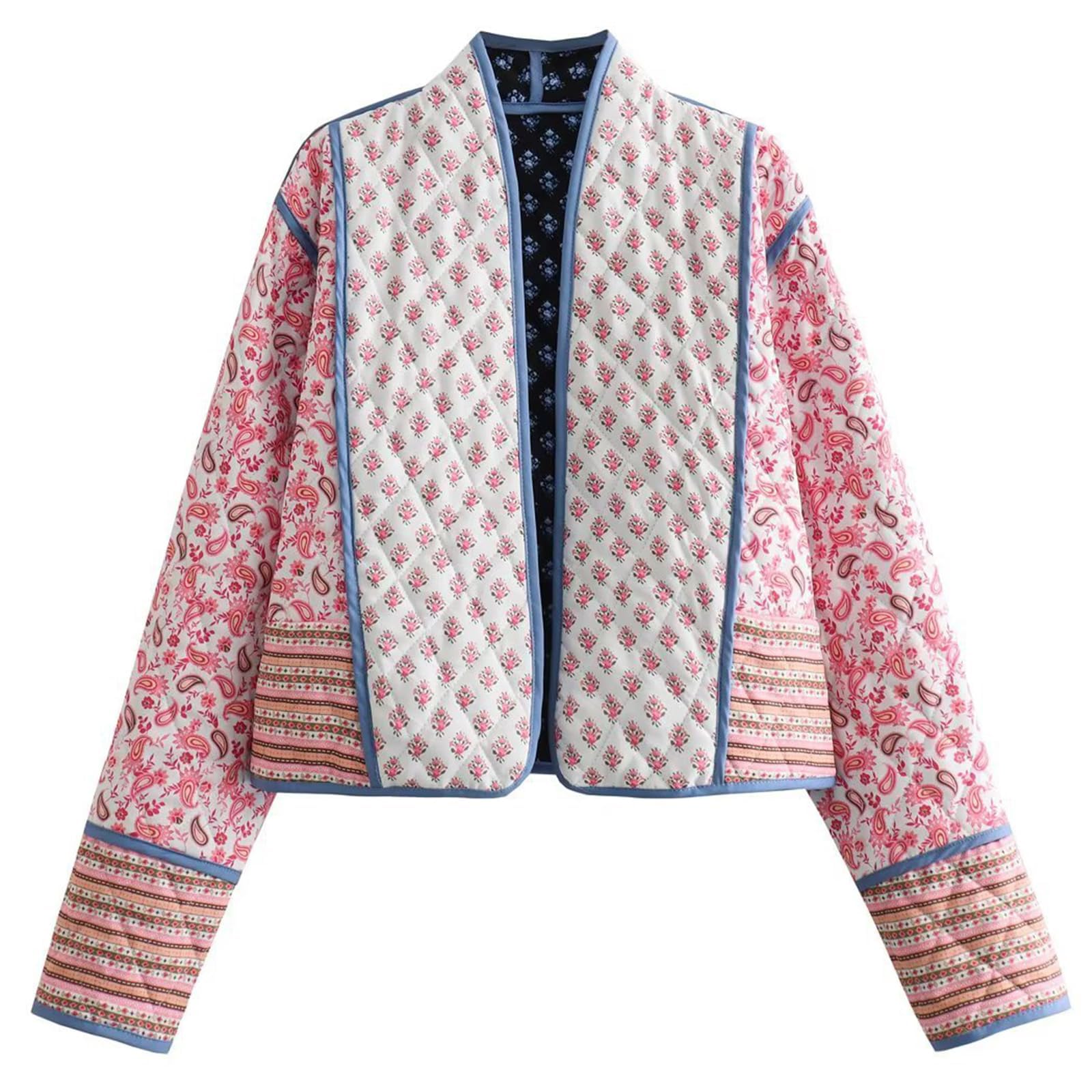 Women's Cropped Puffer Quilted Jacket Cardigan Floral Printed Lightweight Long Sleeve Open Front Short Padded Coats