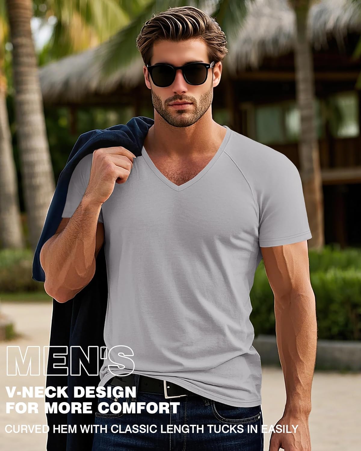 Riyiper 3 Pack Men's Short Sleeve V Neck T-Shirts Raglan Curved Hem Shirts Casual Basic Tops Soft Summer Stretchy Tees - Image 2