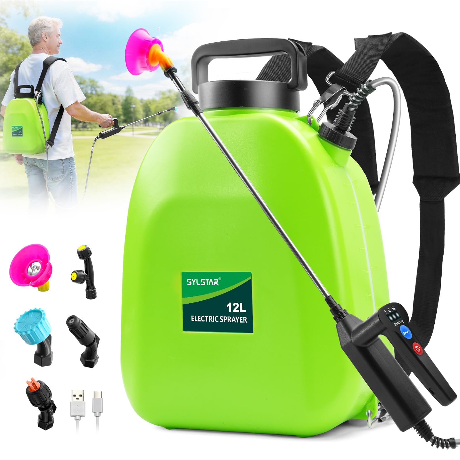 SYLSTAR Spruzzatore a zaino alimentato a batteria da 12 l,