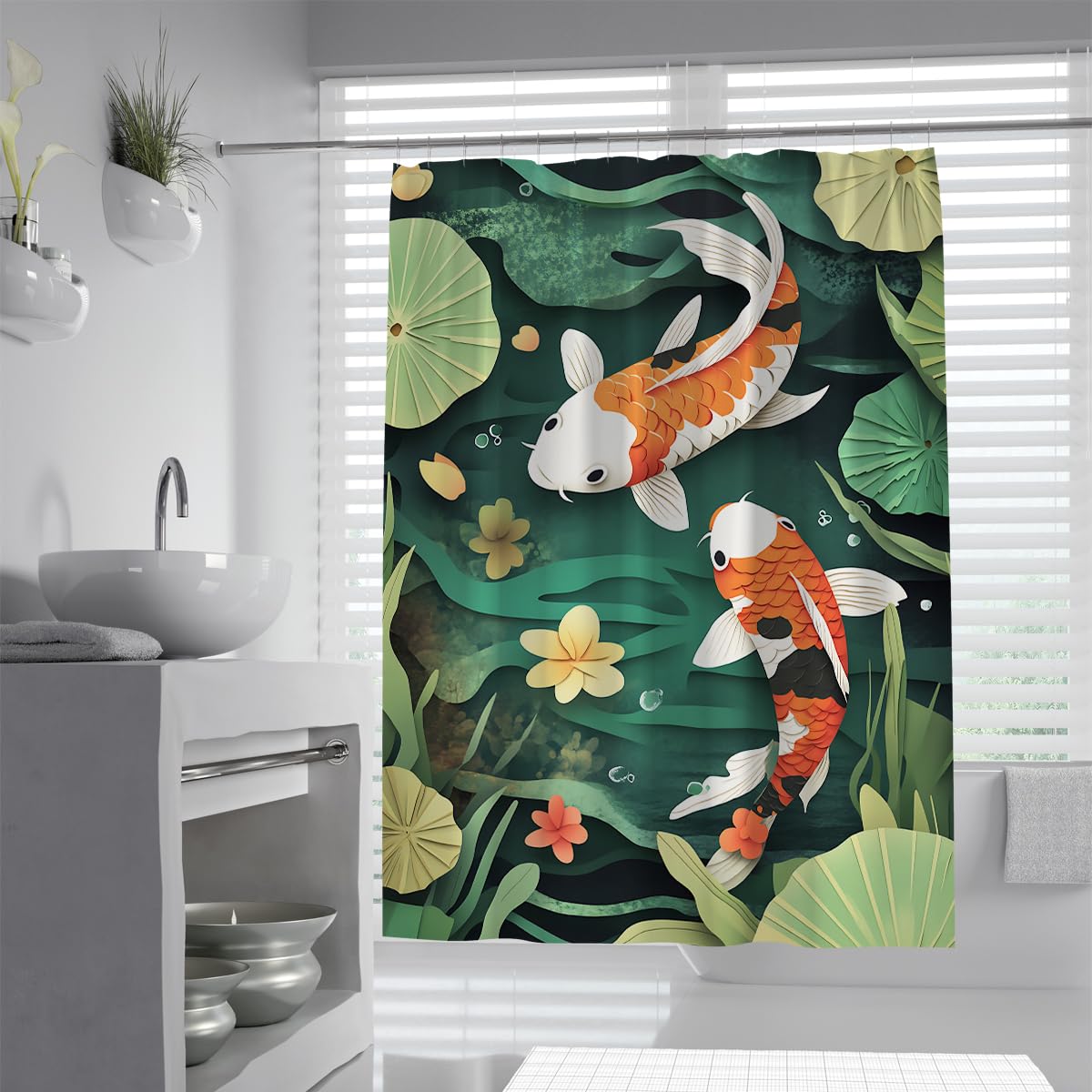 Uiringart Shower Curtains Creative Koi Carp Bathroom Curtains W200xl220cm Green Lotus Leaves Floating Petals Deep Pond Scenery Water-Repellent Machine Washable Polyester Fabric Bath Shower Curtain For Wet Room With Hooks