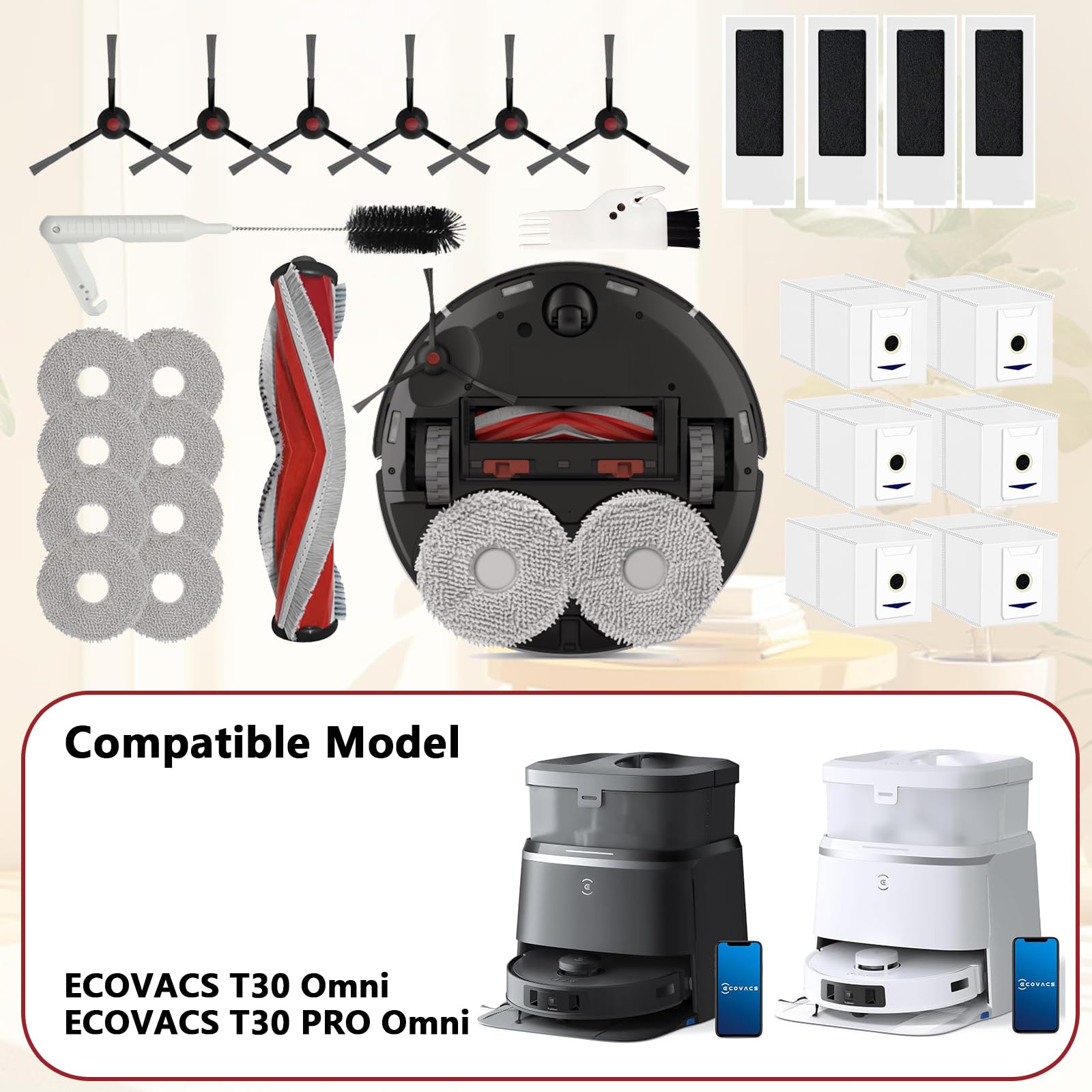 Kit Complet 19 Pièces Accessoires Compatibles ECOVACS DEEBOT T30 Omni / T30 PRO Omni / T30S - 2 Brosses Principales, 4 Filtres, 6 Brosses Latérales, 6 Chiffons Microfibre + Brosse Nettoyage