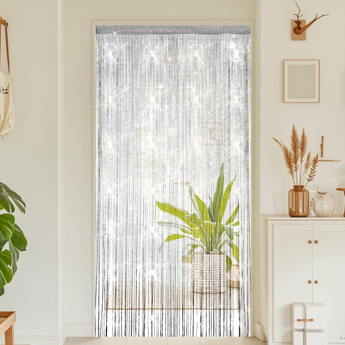 4 Stück Fadenvorhang Türvorhang, 100 x 200cm Glitzer Vorhang, Fliegenvorhang Balkontür, Fadengardine Fadenvorhang, Dekorativer Perlenvorhang für Hochzeit, Party Dekoration (Silbergrau)