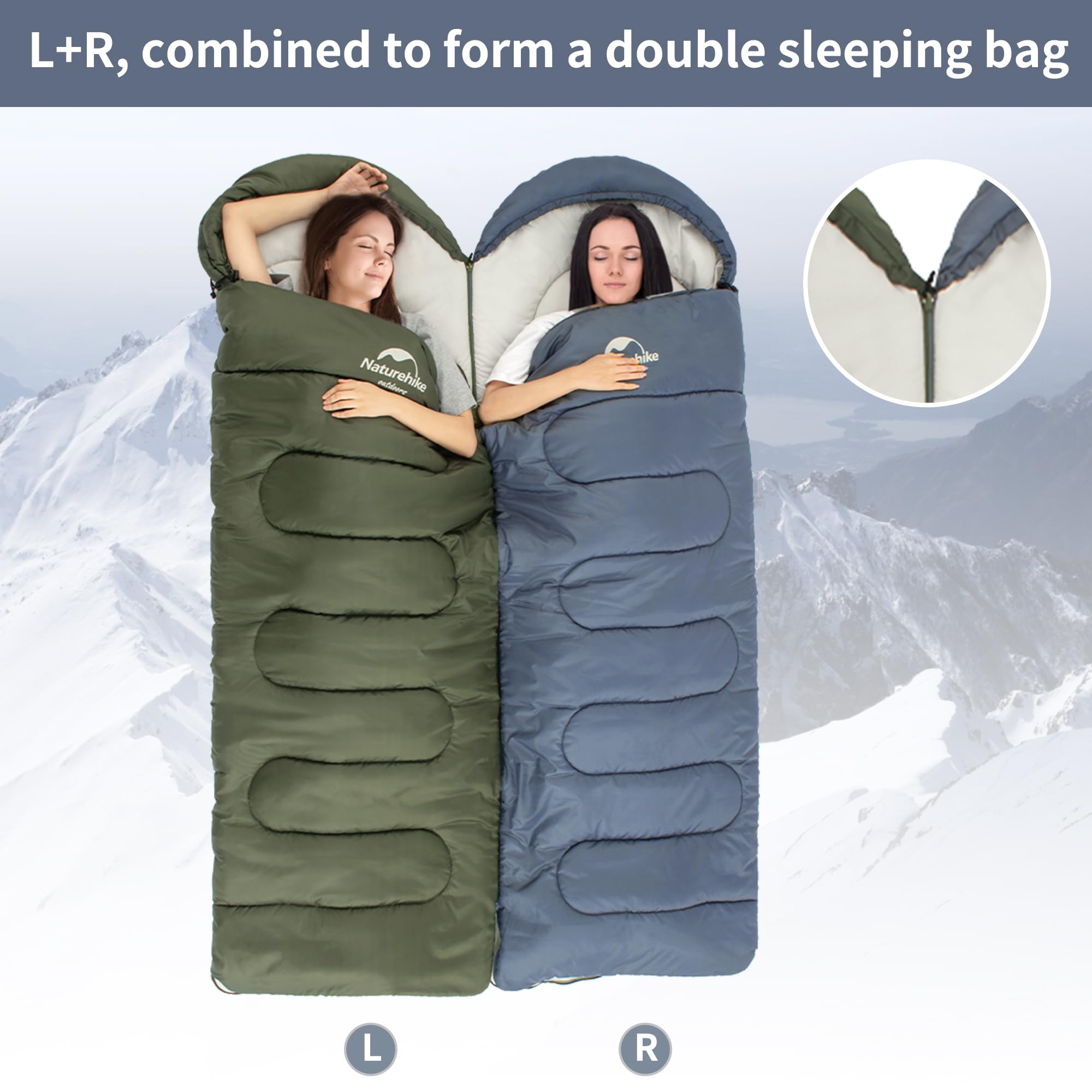 Naturehike Sacco a Pelo,3 Stagioni per Adulti,Gemellabile L e R,Oversize 220x85cm,Ultraleggero Portatile Compatto con Sacca di Compressione,Combina Matrimoniale