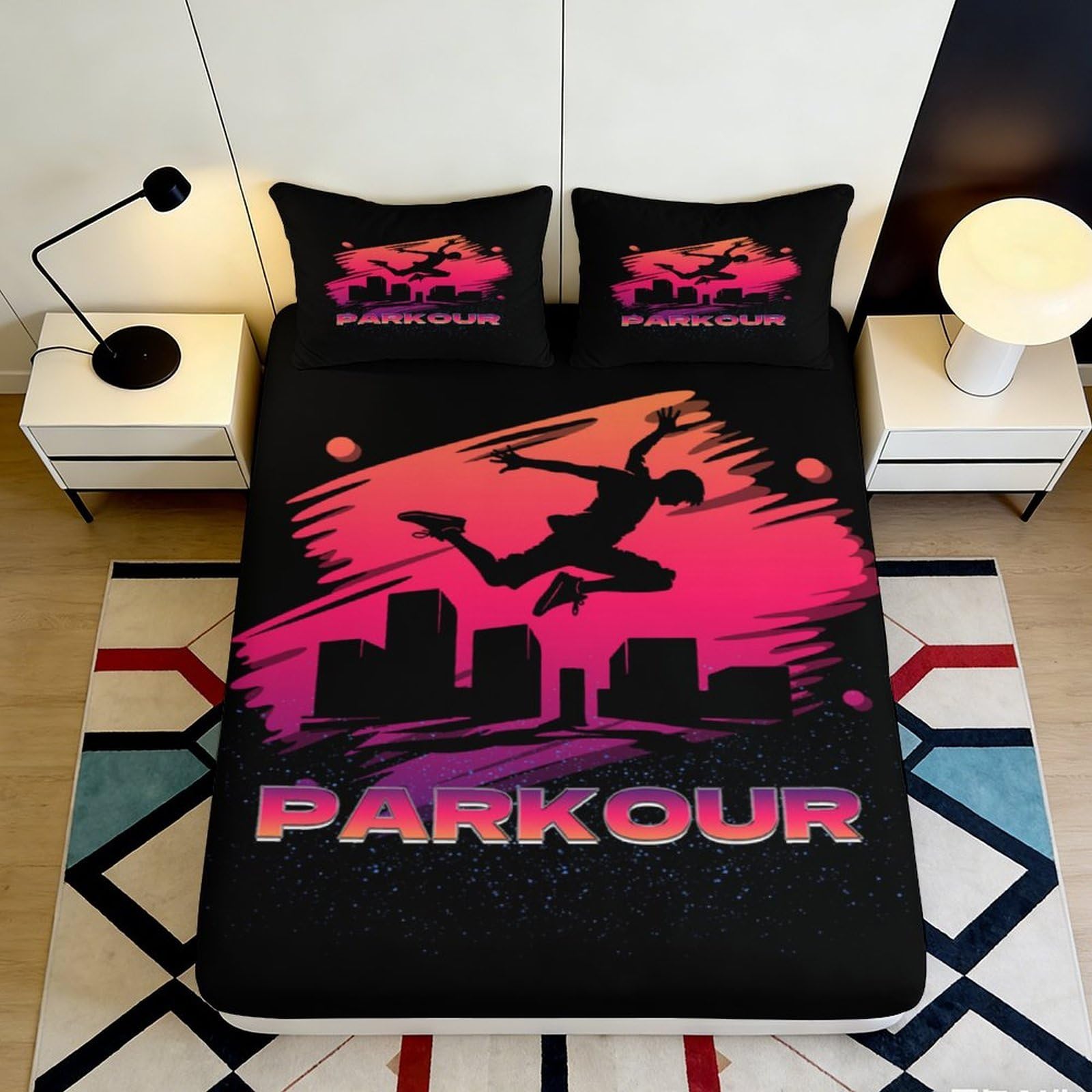 3D Printed Parkour City Night Fitted Sheet Microfiber Black Urban Graffiti Mattress Cover for Bedroom Guest Room 180x200x25cm