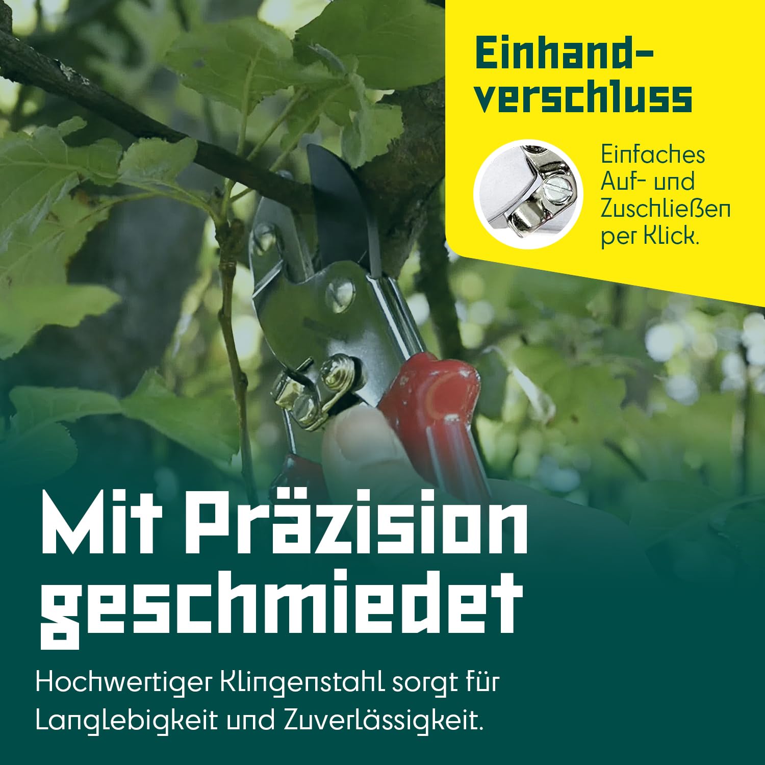 BERGER Amboss-Handschere 1902 | Amboss Gartenschere mit geradem Schneidkopf & antihaftbeschichteter Klinge | Profi Ambossschere aus Metall mit Einhandverschluss | Für Tot-& Hartholz | Made in Germany
