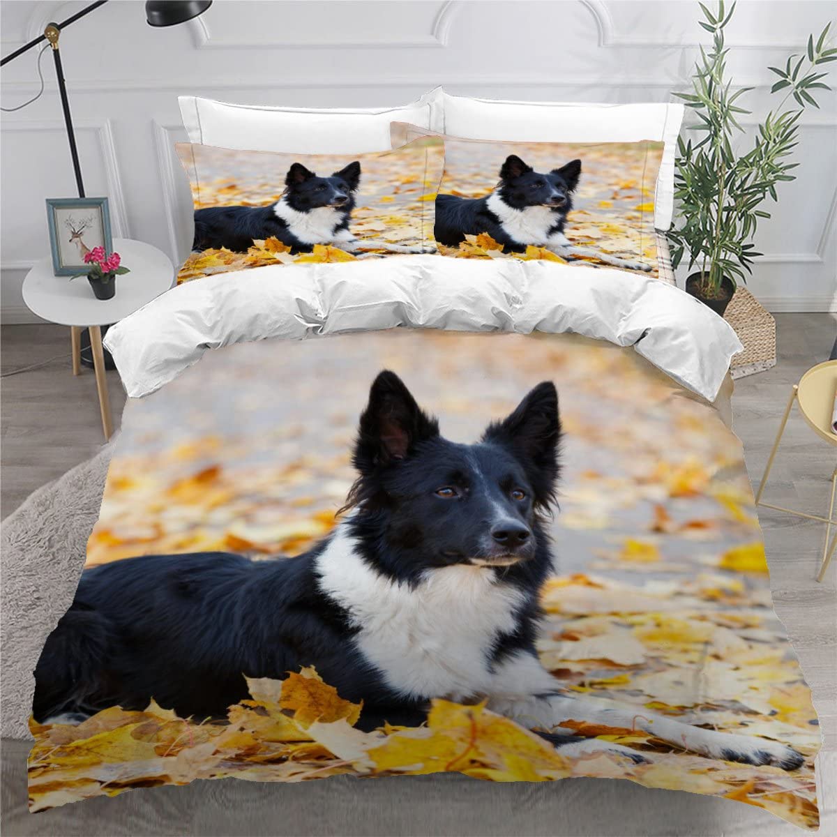 LUORU Teens Double Duvet Covers Set 3D Printed Childrens and Adults Double Bedding Duvet Set Border collie black and white dog Hypoallergenic Fluffy Bedding Set for Small Double 200x200 cm