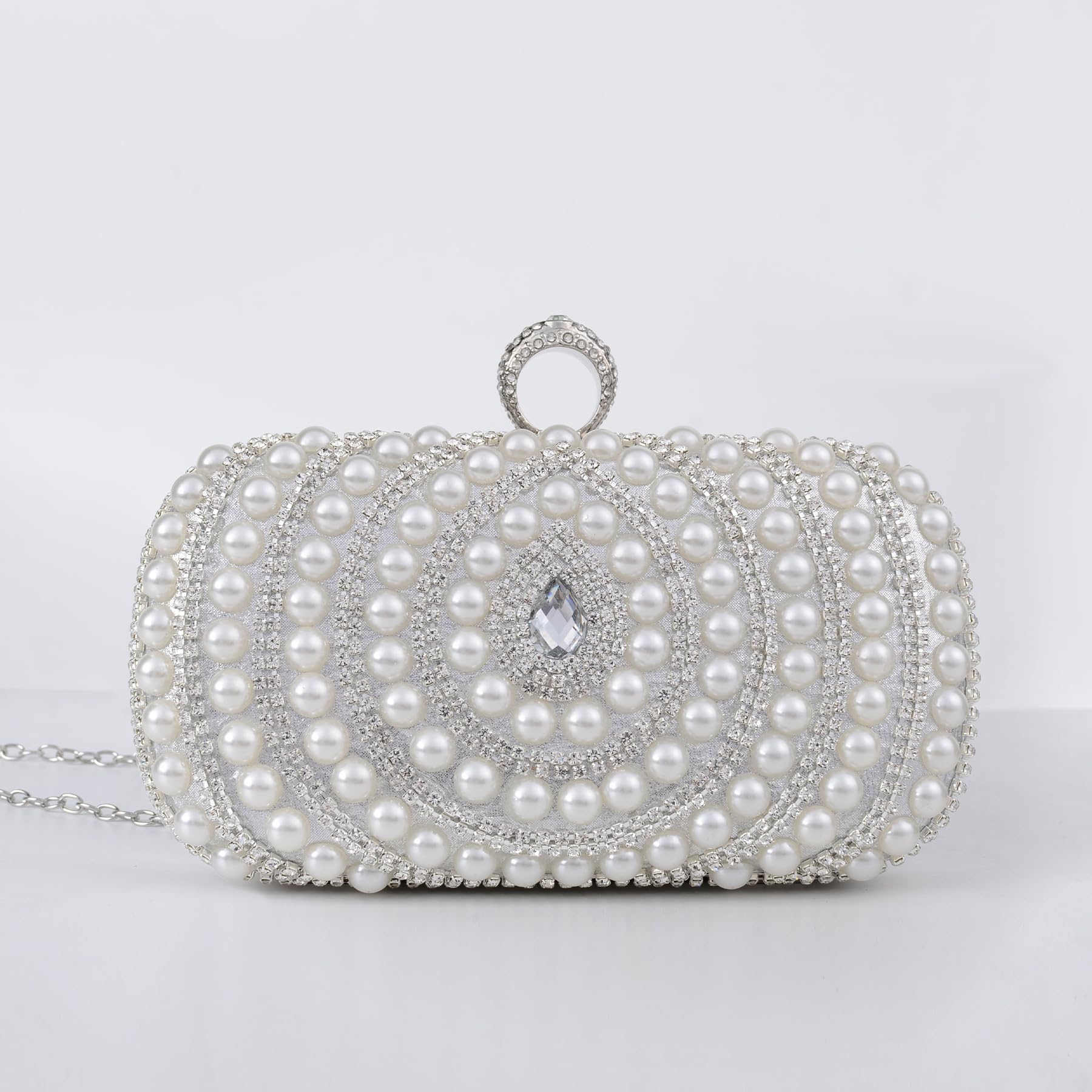 Stylish pearl rhinestone hand bag clasp square Dinner Party bag Wedding Party rival bag elegant shoulder bag crossbody bag (silver)