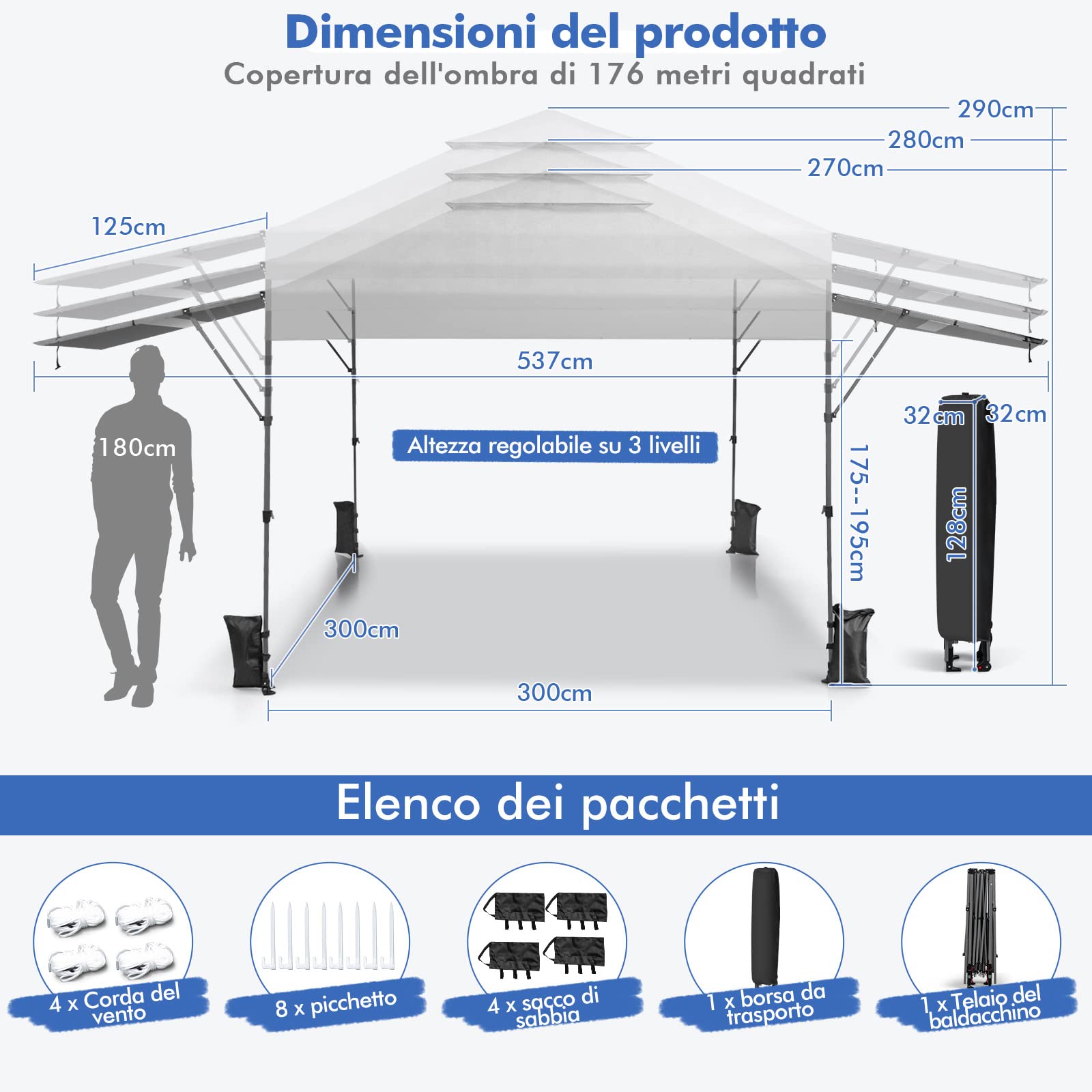COSTWAY Gazebo Pieghevole da Giardino 3 x 3 m, Gazebo da Esterno con Design a Doppia Tenda, Design Pop Up e 4 Sacchetti di sabbia, Altezza Regolabile, Ideale per Feste, Giardino e Spiaggia (Bianco)