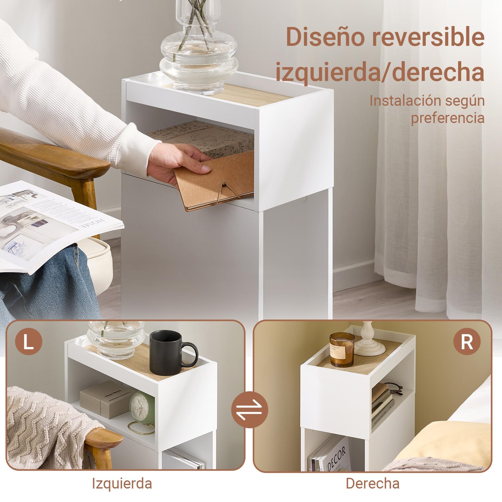 SoBuy Set de 2 mesas auxiliares estrechas con cajón, 20x35x60cm salón | Mesita de noche compacta con almacenamiento, diseño ahorraespacio para dormitorio y sofá, blanco, FBT171-WNx2