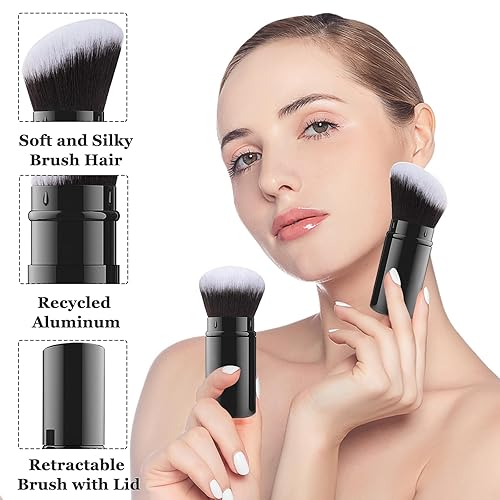 Miniatura 5 de Falliny Brocha de maquillaje retráctil, paquete de 2 brochas de viaje Kabuki para rubor facial, cepillo portátil para base de polvo, protector solar
