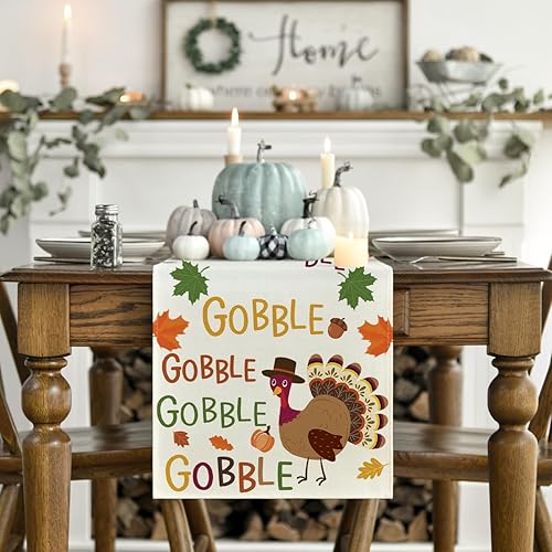 Miniatura 2 de Artoid Mode Gobble - Camino de mesa de Acción de Gracias, hojas de arce de pavo y otoño, cosecha, cocina, decoración de mesa de comedor para