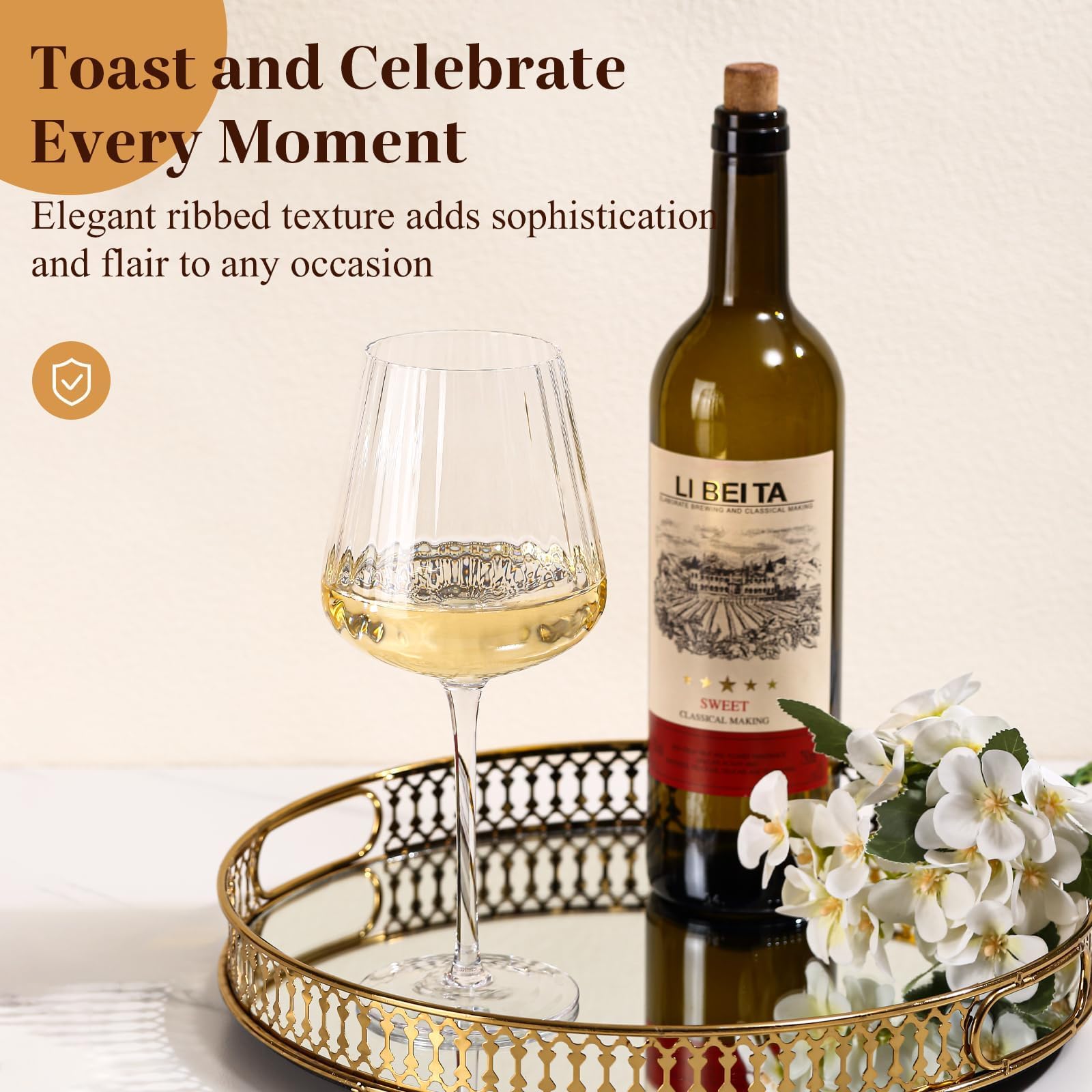 Elegantes, geripptes Weinglas-Set, 400 ml, bleifrei, Kristall, gerippt, Stielgläser für Rot- und Weißwein, Premium-mundgeblasene Gläser für Hochzeiten, Dinnerpartys und besondere Anlässe