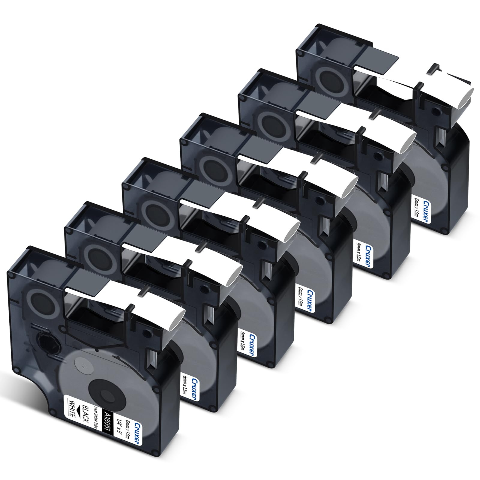 Cruxer 6 Pack Compatible for Rhino 18051 A18051 S0718260 Heat Shrink Label Tube Black on White Tape 6mm x 1.5m Replacement for Rhino 1000 3000 4200 5000 5200 Tyco T107M Industrial Label Maker