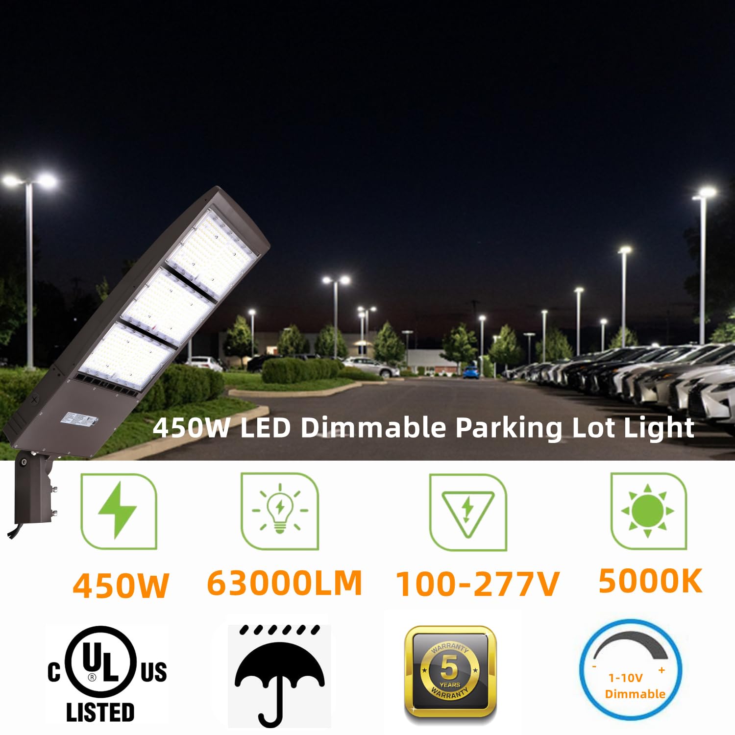 450W Dimmable LED Parking Lot Light with Slip Fitter, 5000K