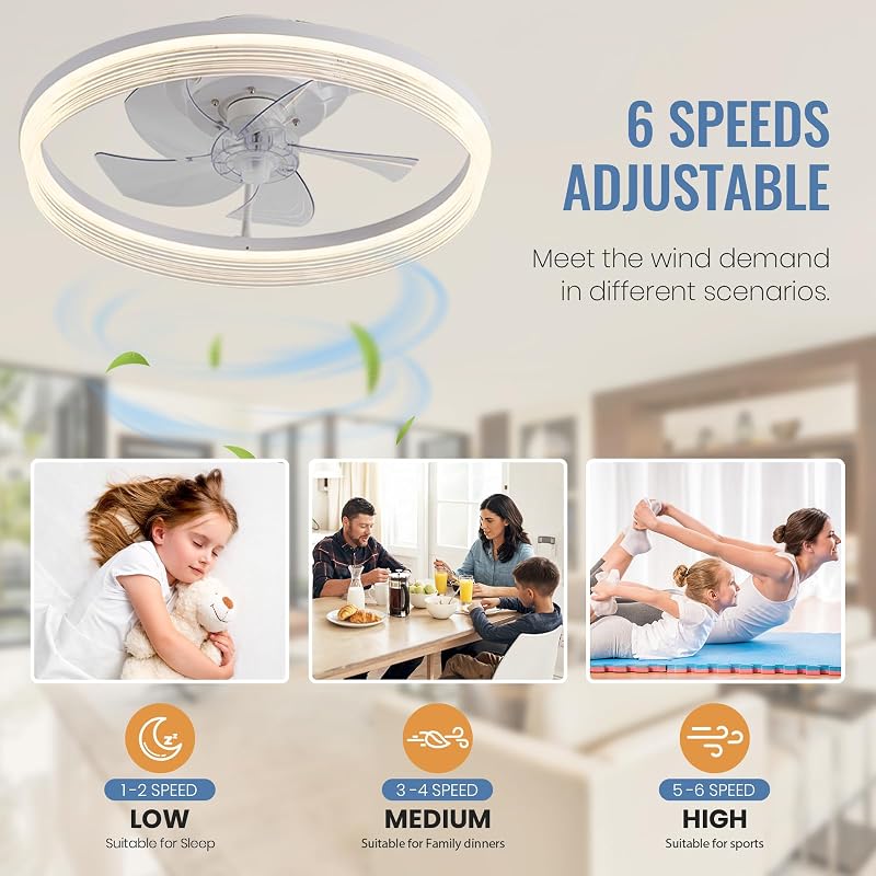 CANEOE 50cm LED Mennyezeti Ventilátor Lámpa, 6 Fokozat, Távirányító és App Vezérlés, Fehér