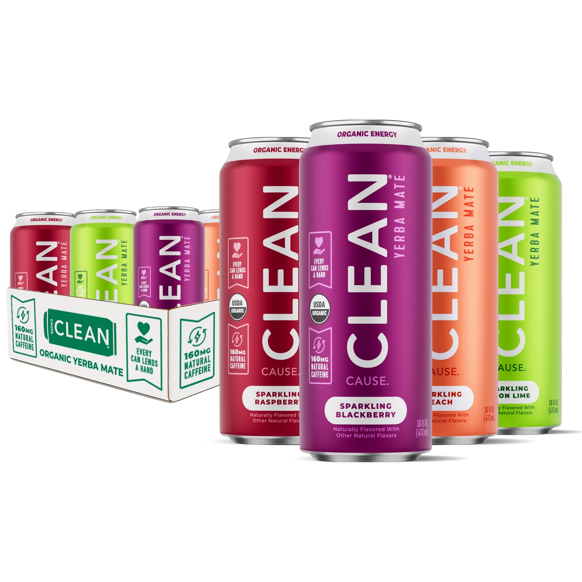 CLEAN Cause Low Calorie Variety Pack Yerba Mate Tea Sparkling, USDA Organic Energy Drink Alternative, Low Sugar, 160mg Natural Caffeine, Soda Alternative, Plant-Based (16oz cans, 12-Pack Case, 4 Flavors)
