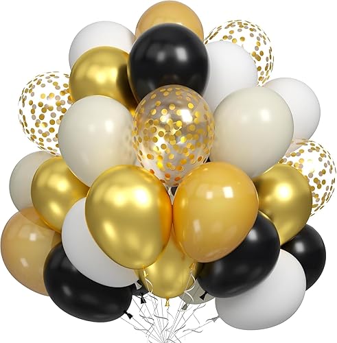 Globos de color negro, dorado y beige, 60 globos de arena negra dorada y blanca con globos de fiesta de confeti dorado metálico para graduación,
