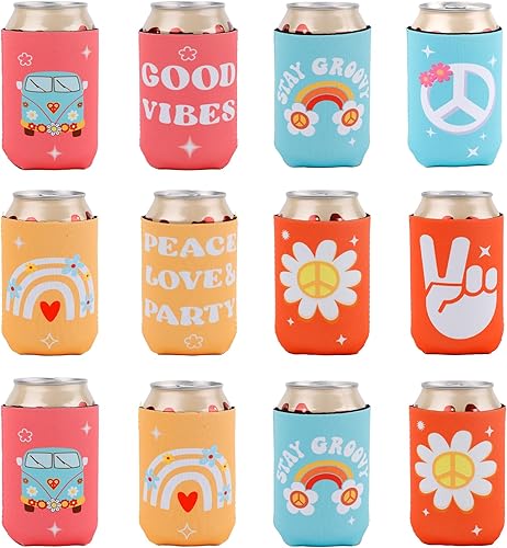12 fundas para latas hippie, retro, para despedida de soltera, fundas enfriadoras de latas, para cerveza, bebidas frías, bebidas de refrescos,