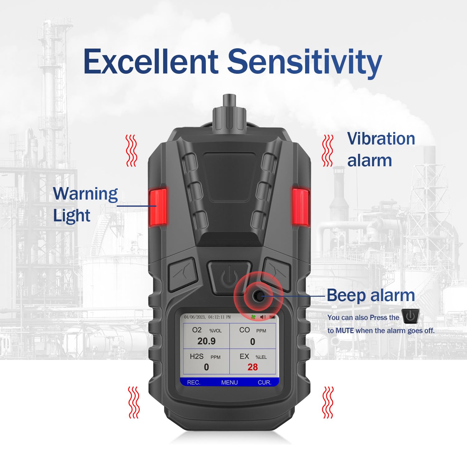 Gasmelder mit Pumpe, 4 Gasmonitor Multi Gasdetektor CO EX O2 H2S Meter | 3000 mAh wiederaufladbarer 4-Gasmonitor mit Kalibrierungsset, tragbares LCD-Display mit Clip, Kanalgasdetektor, 4 Gaszähler