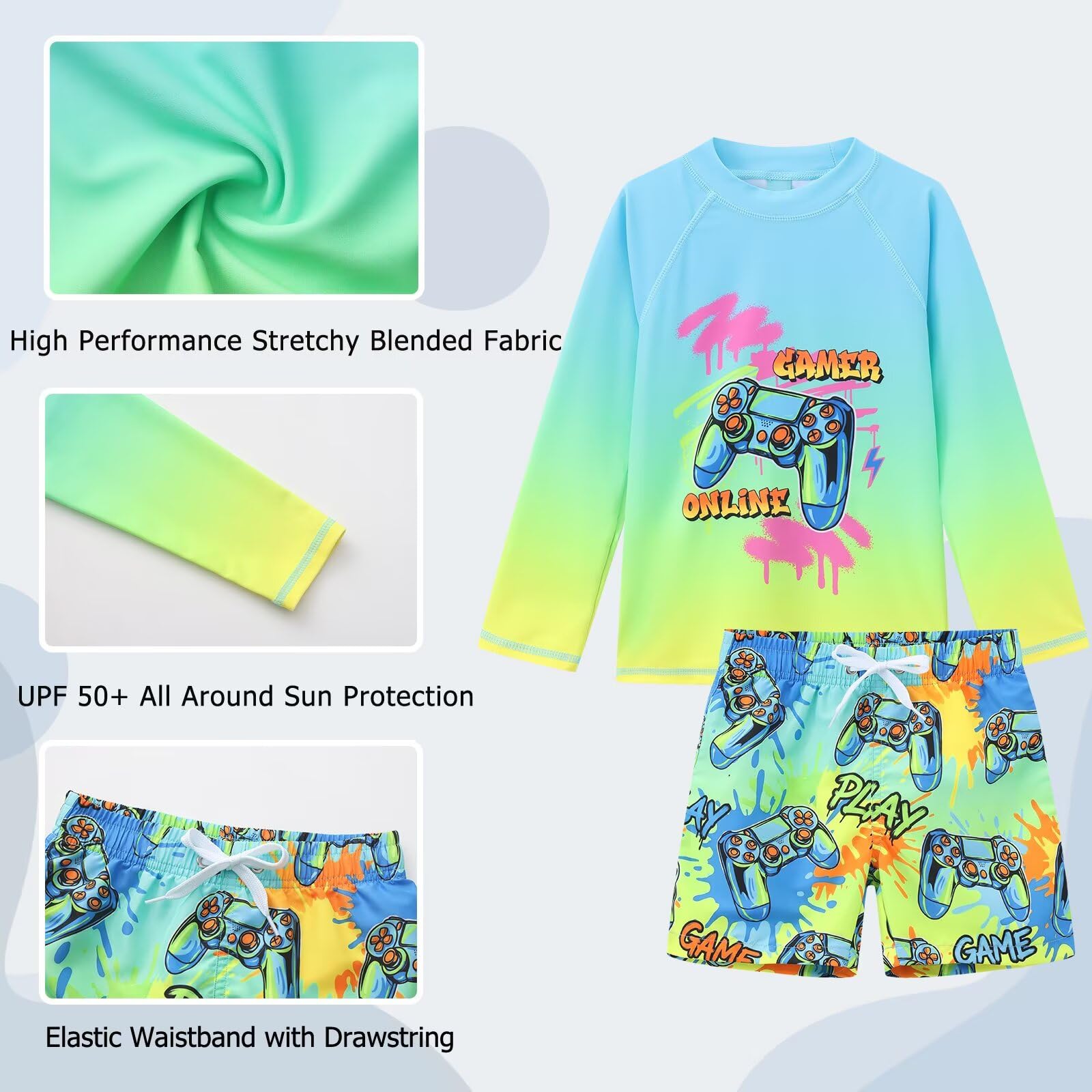 Maillot de bain 2 pièces pour garçon Doublure de compression Maillot de bain à manches longues pour enfants de 4 à 16 ans