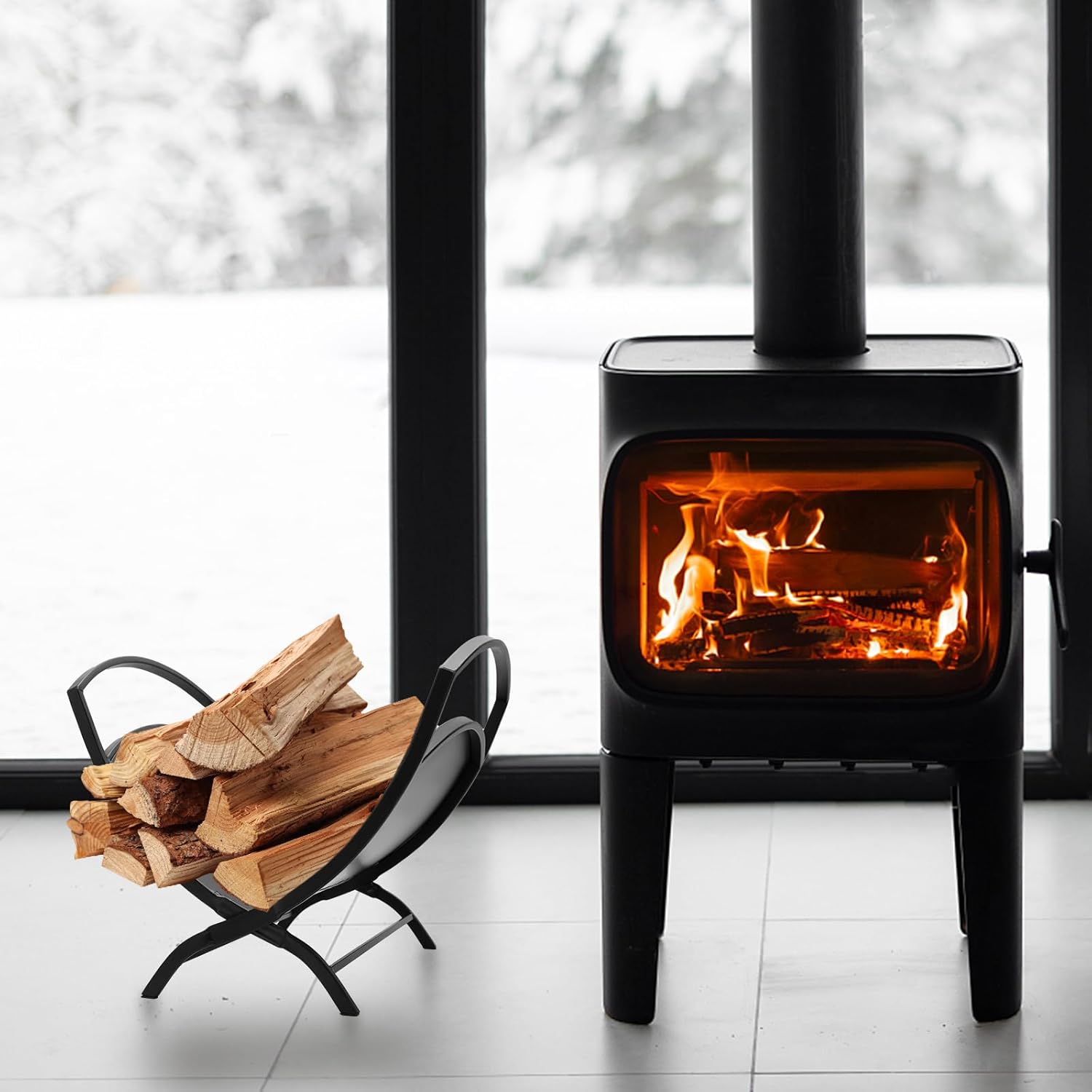 16" Small Firewood Rack Indoor - Foldable Fireplace Log Holder & Metal Wood Storage Stand - No Assembly Required Firewood Holder for Indoor Fireplace & Outdoor Fire Pit