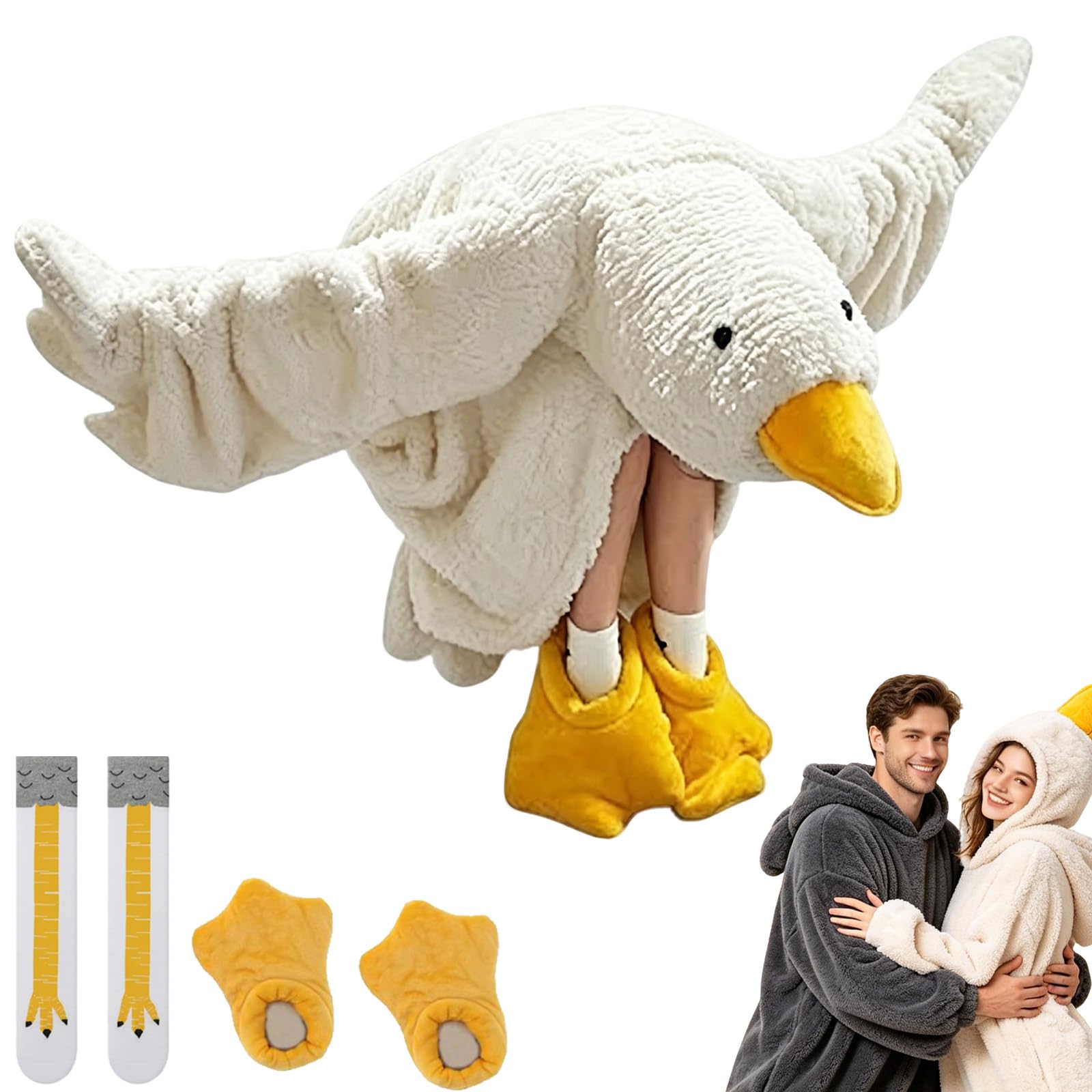 Duck Onesie Oversized Wearable Blanket Hoodie, Duck Blanket Hoodie, Funny Silly Wearable Onesie with Feet Slippers, Cozy Fleece Oversized Blanket (White, L(50-60 kg))