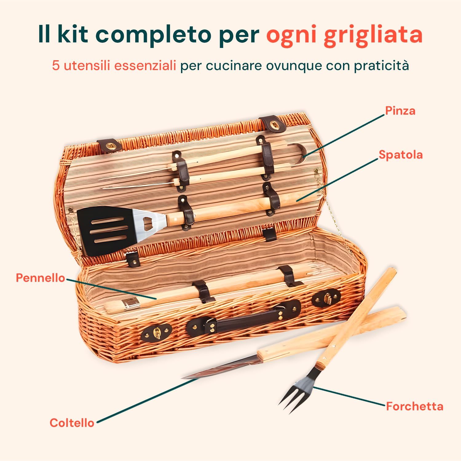 Avilia Bolsa de Herramientas para Barbacoa de Mimbre, Juego de Barbacoa portátil con 5 Accesorios en maletín, Kit para Barbacoa de Camping, Herramientas de Barbacoa de Viaje y Picnic al Aire Libre