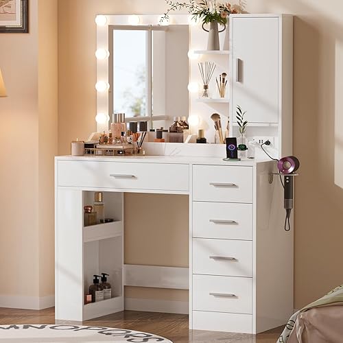 Vista 3 de Escritorio de maquillaje de 37 pulgadas con espejo y luces, mesa de tocador de maquillaje con 5 cajones, armario de almacenamiento grande y 4