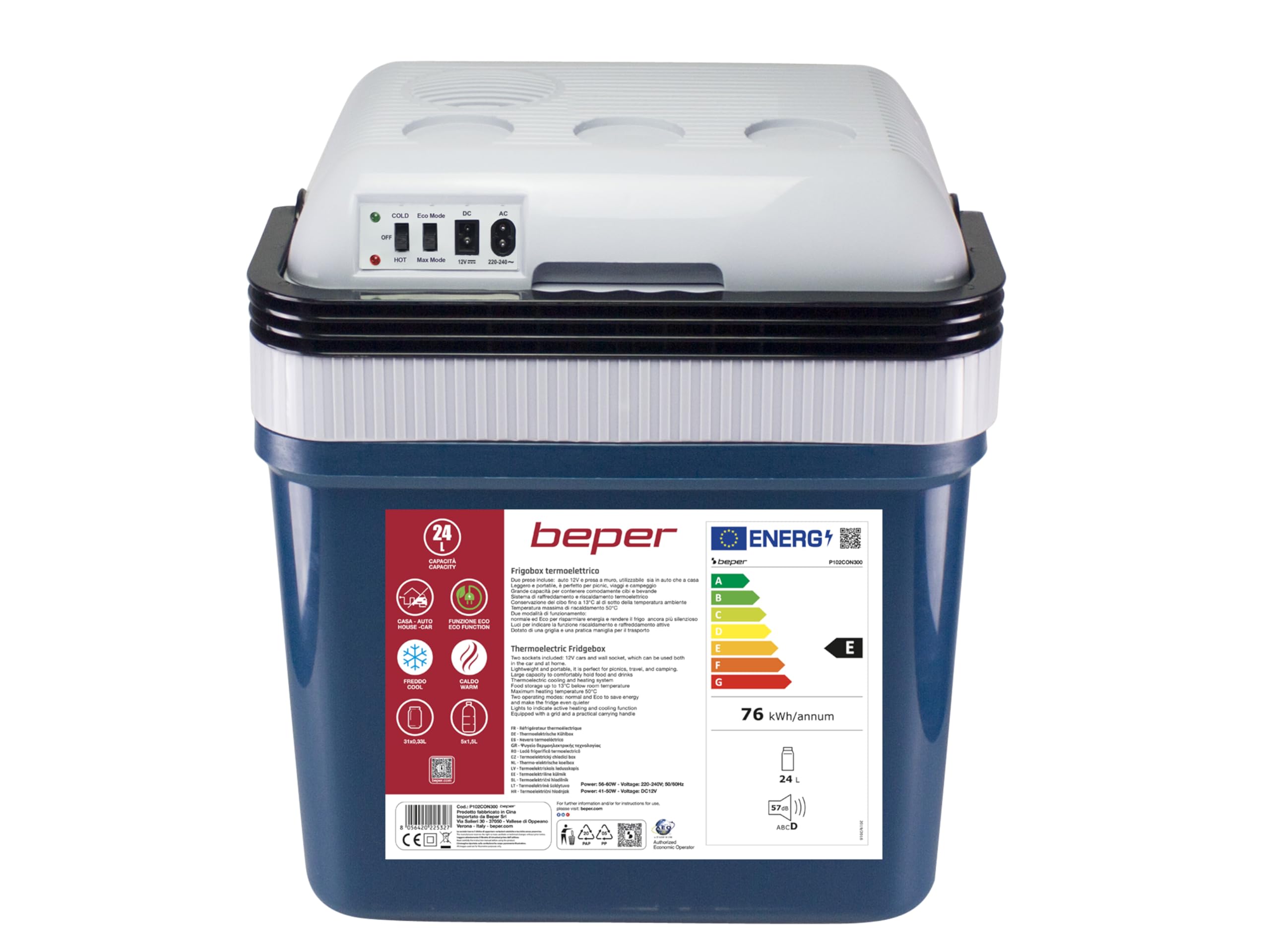 BEPERP P102CON300 Tragbarer elektrischer Kühlschrank, 24 Liter, Kühlen und Heizen, 12-V-Autosteckdose und Wandsteckdose, Mini-Kühlschrank, Weiß/Rot, 40,2 x 30,6 x 46 cm