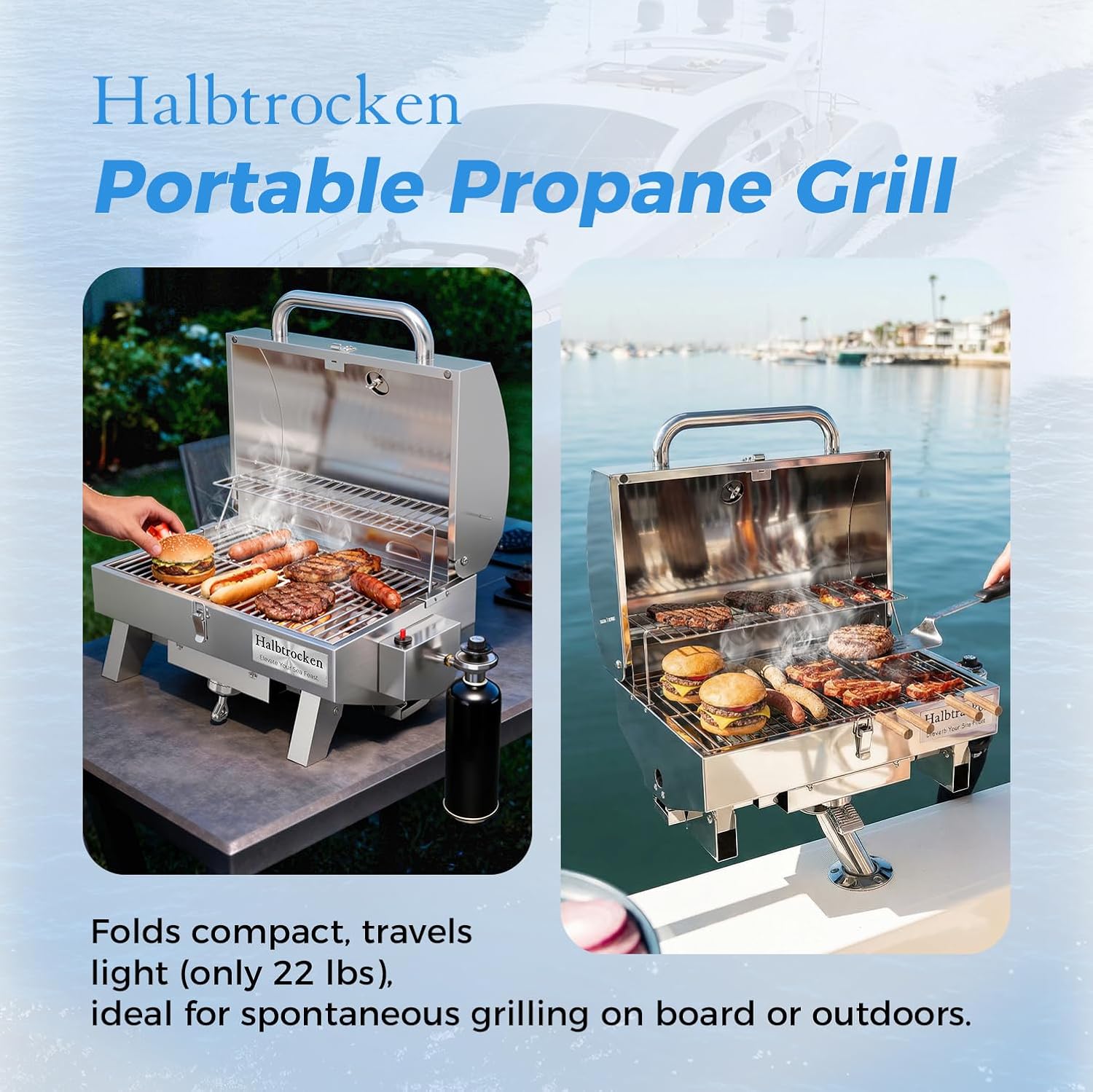 Halbtrocken 304 Stainless Steel Marine Gas Grill with Rod Holder Mount & Cover - 200 sq. in. Cooking Area, 12,000 BTU Propane Boat Grill - Perfect Compact Grill for Boating, Tailgating and Camping