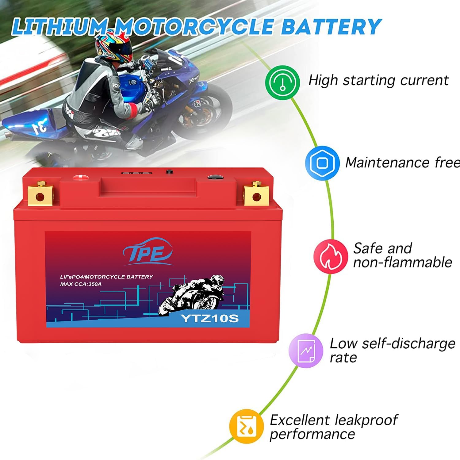 TPE Lithium LiFePO4 Motorcycle Battery YTZ10S-BS 12V 4Ah Deep Cycles Rechargeable LiFePO4 Battery BMS
