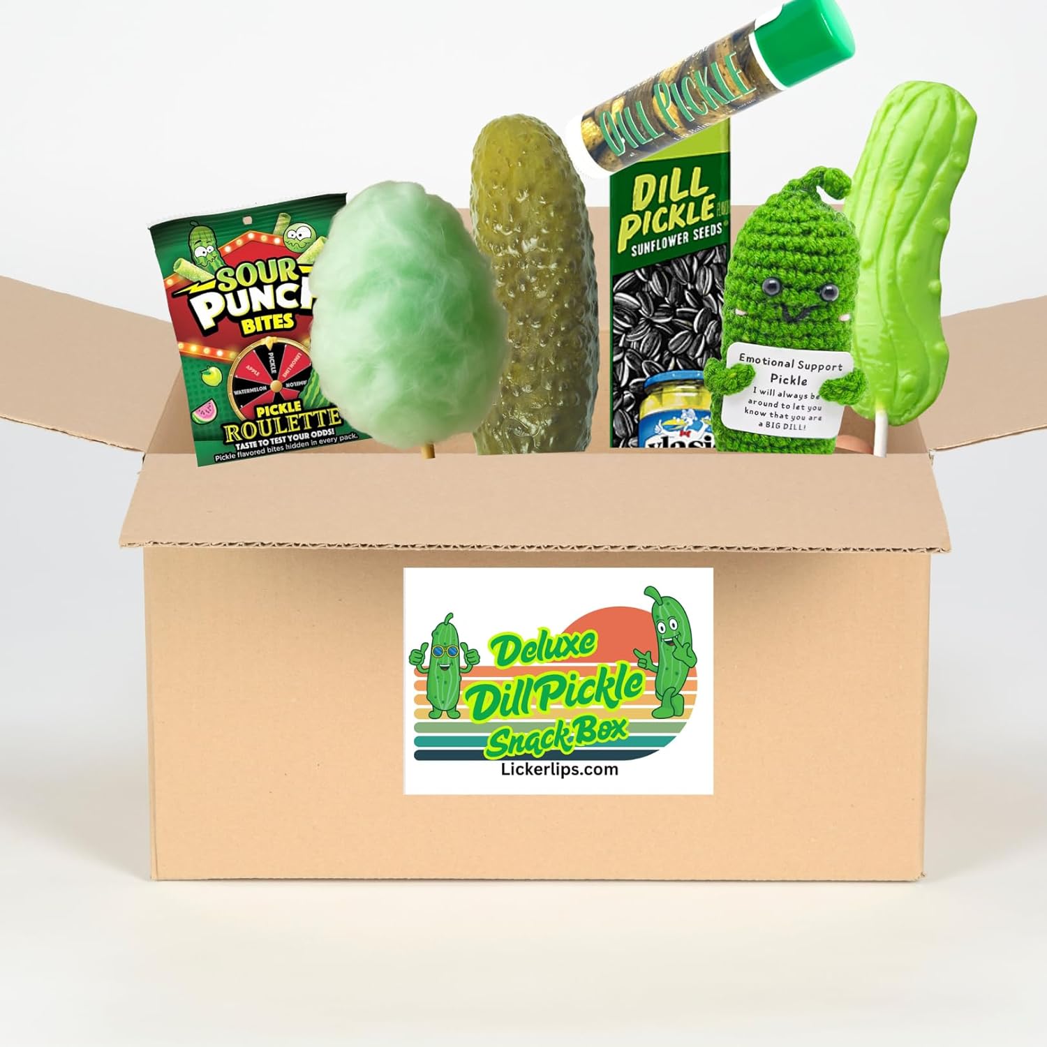 Dill Pickle Gift Box – Pickles Snack Box with Candy, Whole Pickle, Lip Balm & More – Pickle Gifts for Men, Women, Teens