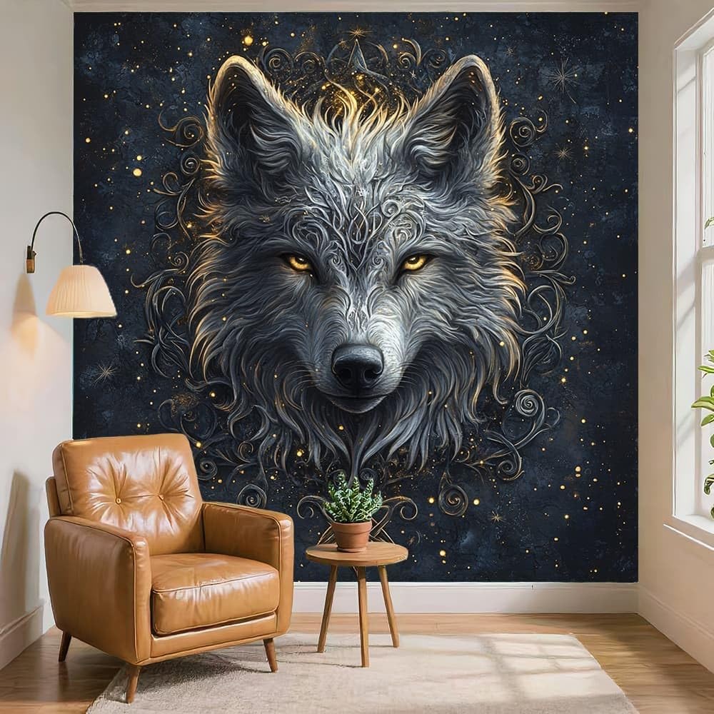 Dekoracja 3D, obraz ścienny, fantazja, głowa wilka, fototapeta, włóknina, druk artystyczny, czarny, dekoracja ścienna, ściana do salonu, jadalni, sypialni, mieszkania, obrazy ścienne 400 x 280 cm