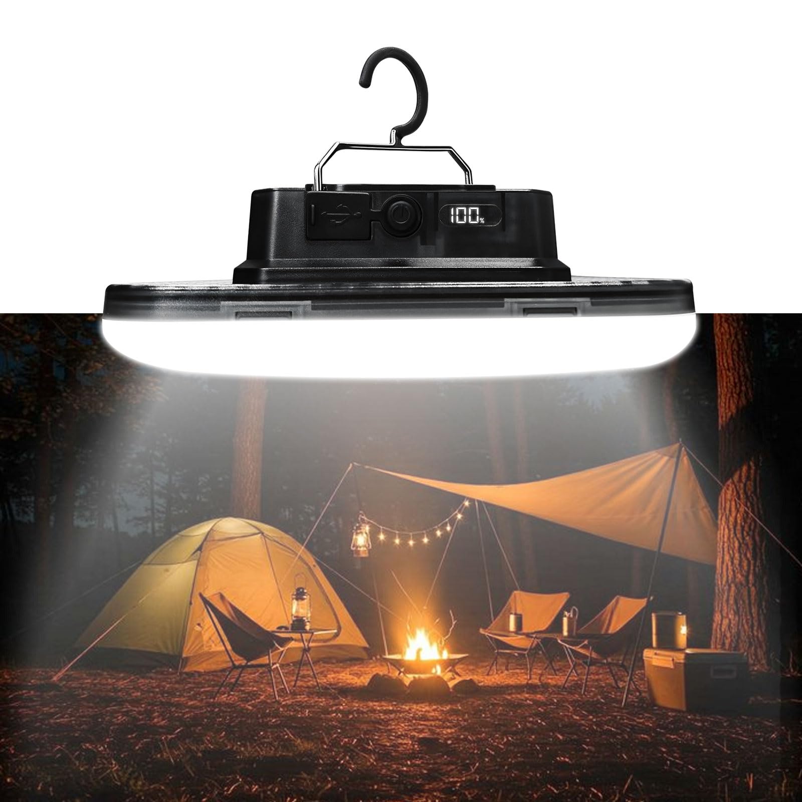 Luces LED recargables portátiles transparentes para acampar con indicador de batería LCD, luz impermeable para tienda de campaña, superbrillante, impermeable, para tiendas de campaña, toldos