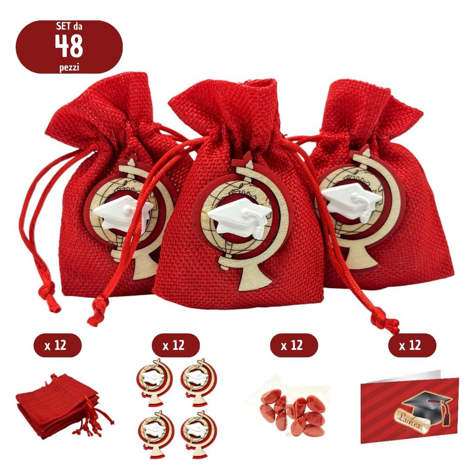 Set Bomboniere Laurea 12 Pezzi - Sacchetti Juta, Gufetti, Confetti E Bigliettini Per Festa - Foto 9