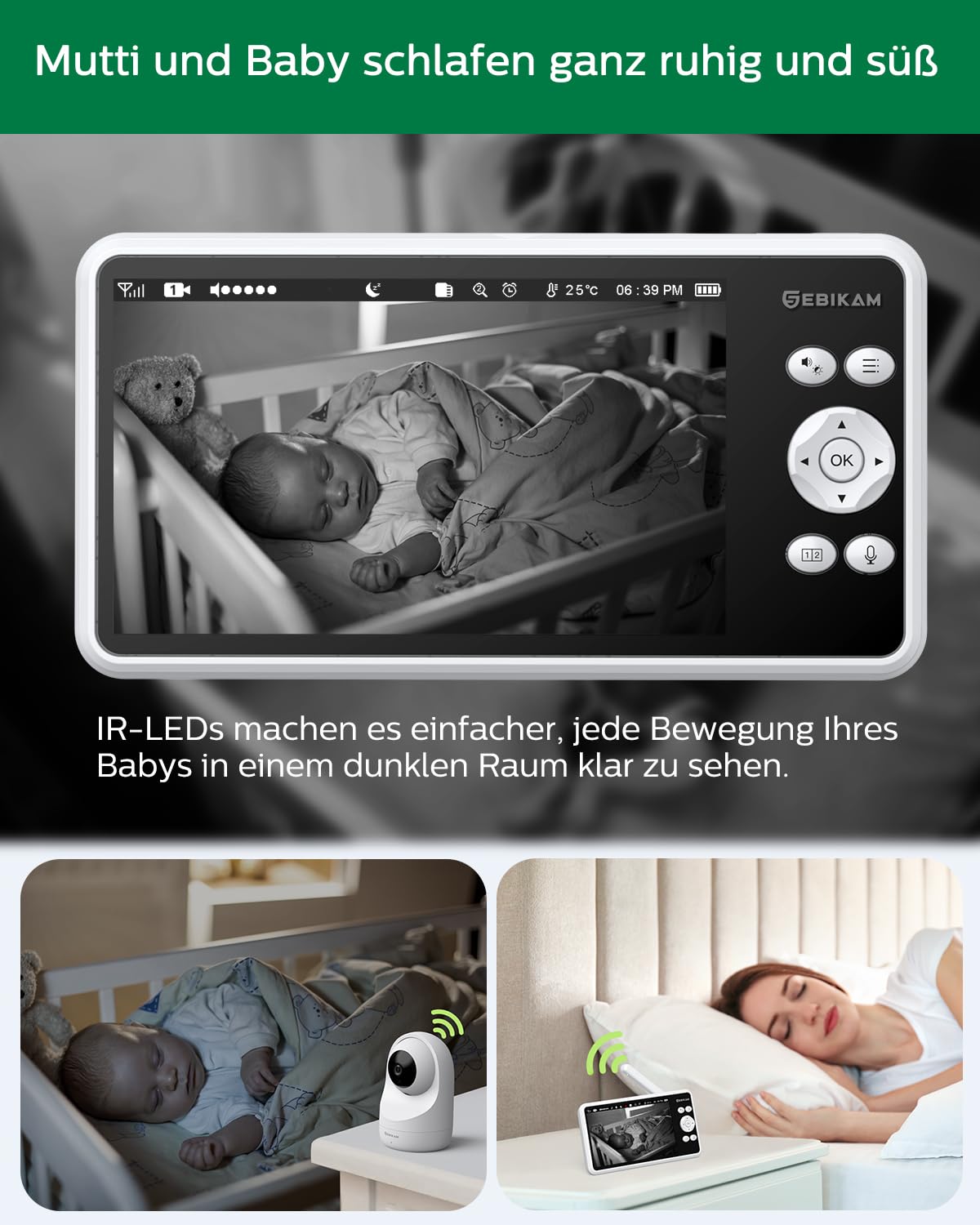 Babyphone mit 2 Kameras, 5 Zoll 720P HD Video Babyphone ohne WLAN | 4000mAh Akku, PTZ 355°, Nachtsicht, Zwei-Wege-Audio, VOX-Modus, Temperaturanzeige, Schlaflieder