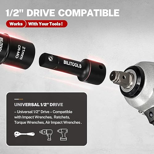 Miniatura 7 de BILITOOLS Juego de tuercas de impacto de 12 pulgada, métrico de 17-19 - 0.827-0.866in y SAE 34-1316-78-1516 pulgadas, Cr-Mo delgado protector de