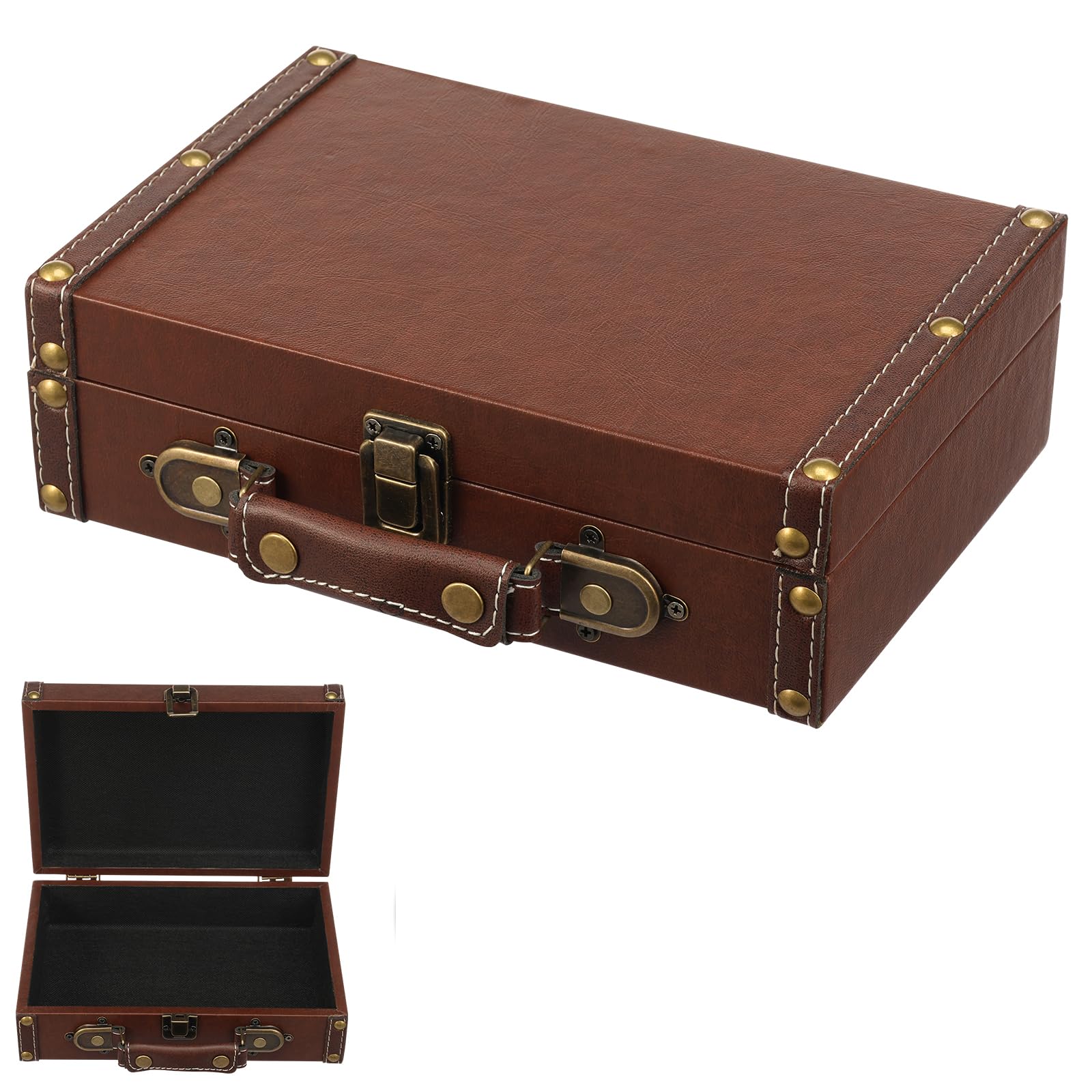 Gatphy Vintage Leather Suitcase Decorative Travel Trunk Retro Photography Prop, Solid Wood Leather Trunk Luggage with Buckle Closure for Travel, Jewelry, Photo, Clothing, Souvenirs(23x7x16cm)