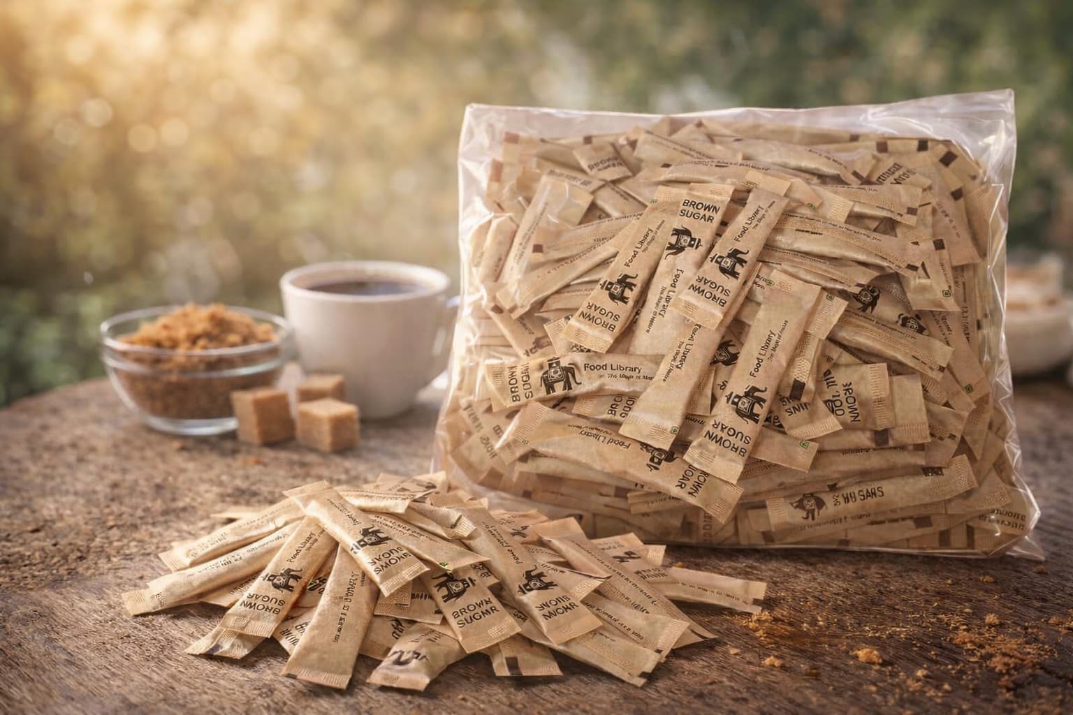 Food Library The Magic Of Nature Brown Sugar Sachets, 5g Each (200 Count) | Natural Unrefined Brown Sugar Packets for Coffee, Tea, Baking & Beverages