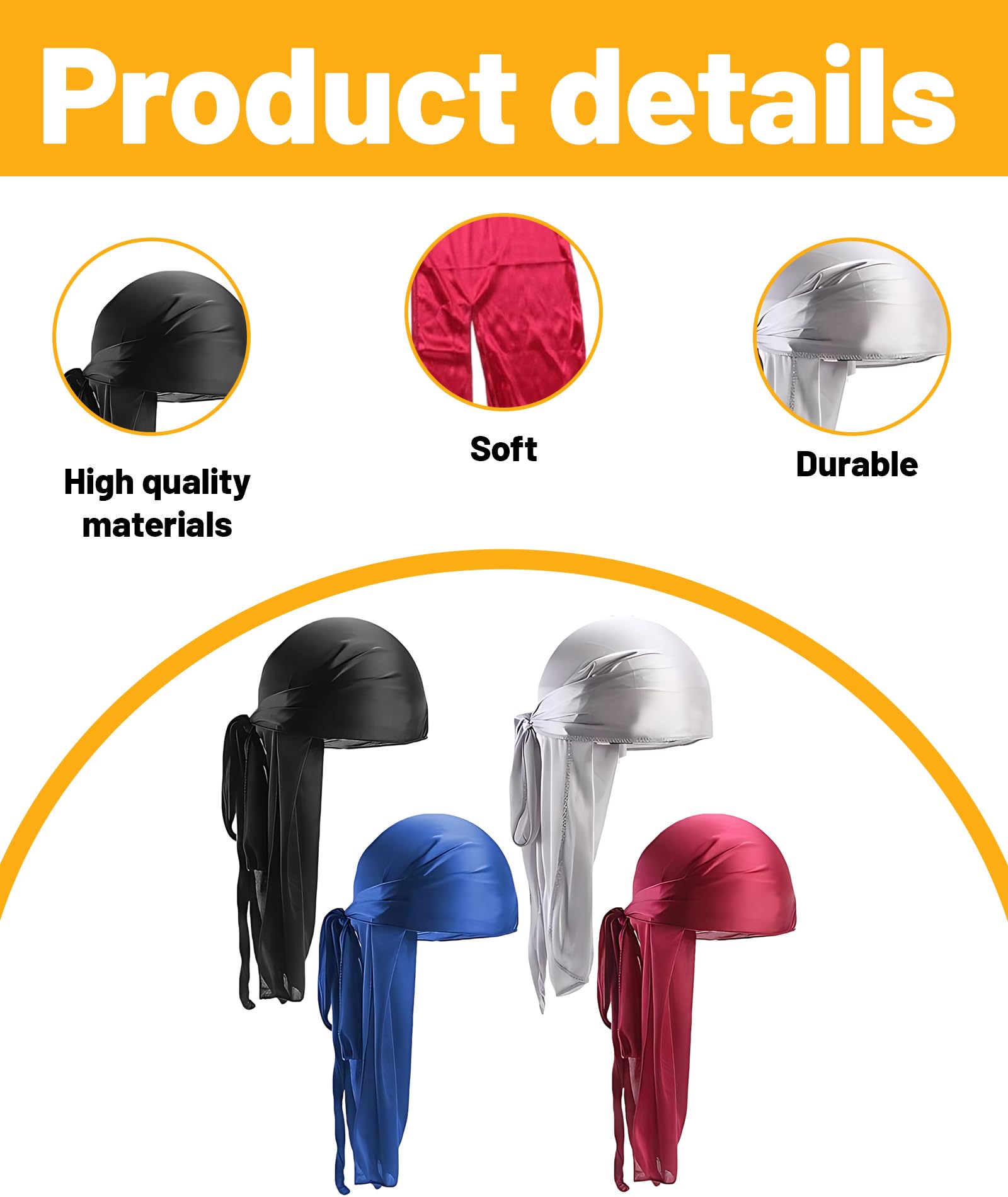 Buildcon 4 Pcs Durag Set for Men and Women - Silky Satin Head Scarf for 360 Waves, Hair Protection, and Hiphop Style in Blue, Black, Wine Red, Silver 1