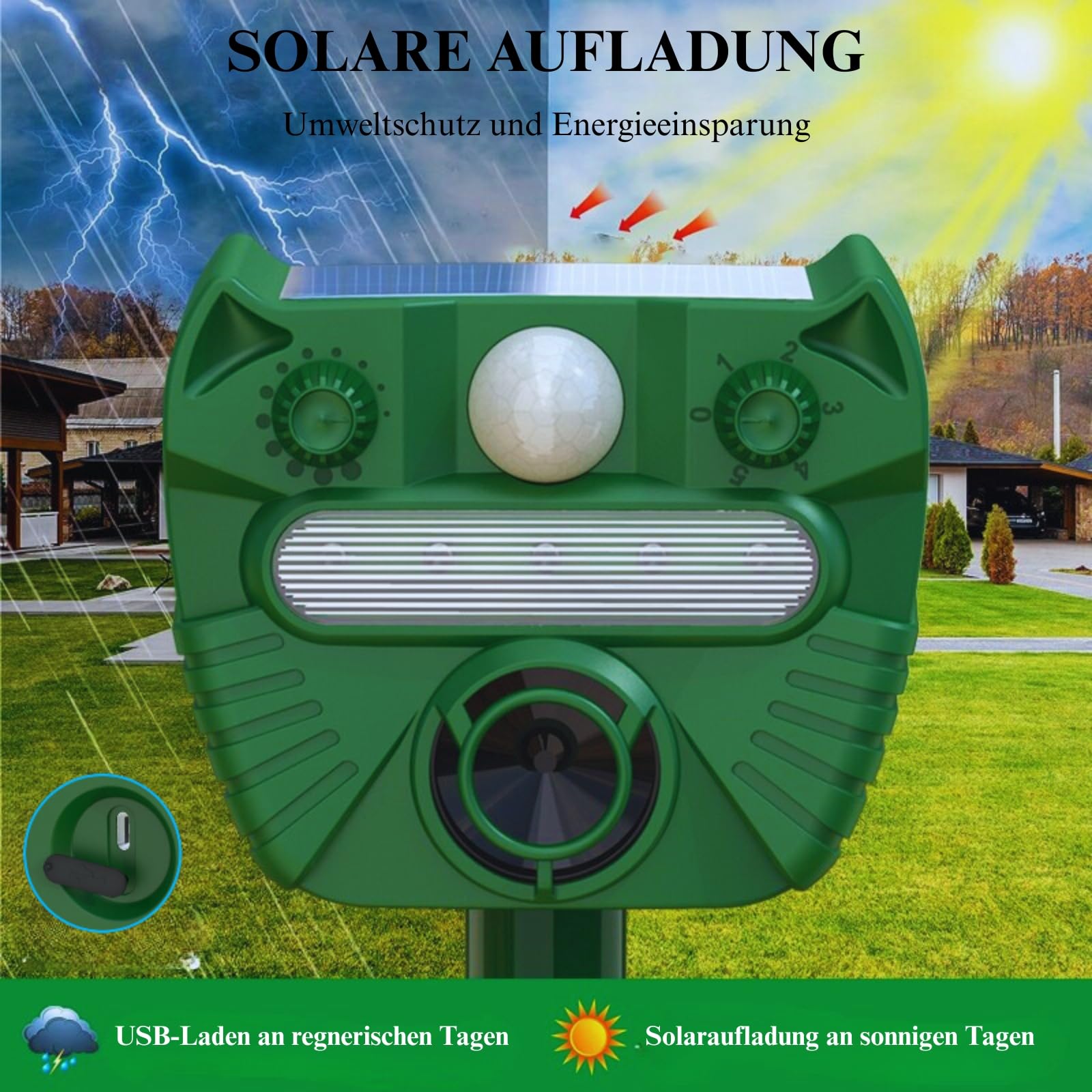 Repellente per gatti ad ultrasuoni, repellente per martore impermeabile, solare con modalità di ricarica USB, repellente per animali con luce LED, efficace contro martore, gatti, cani, uccelli, volpi