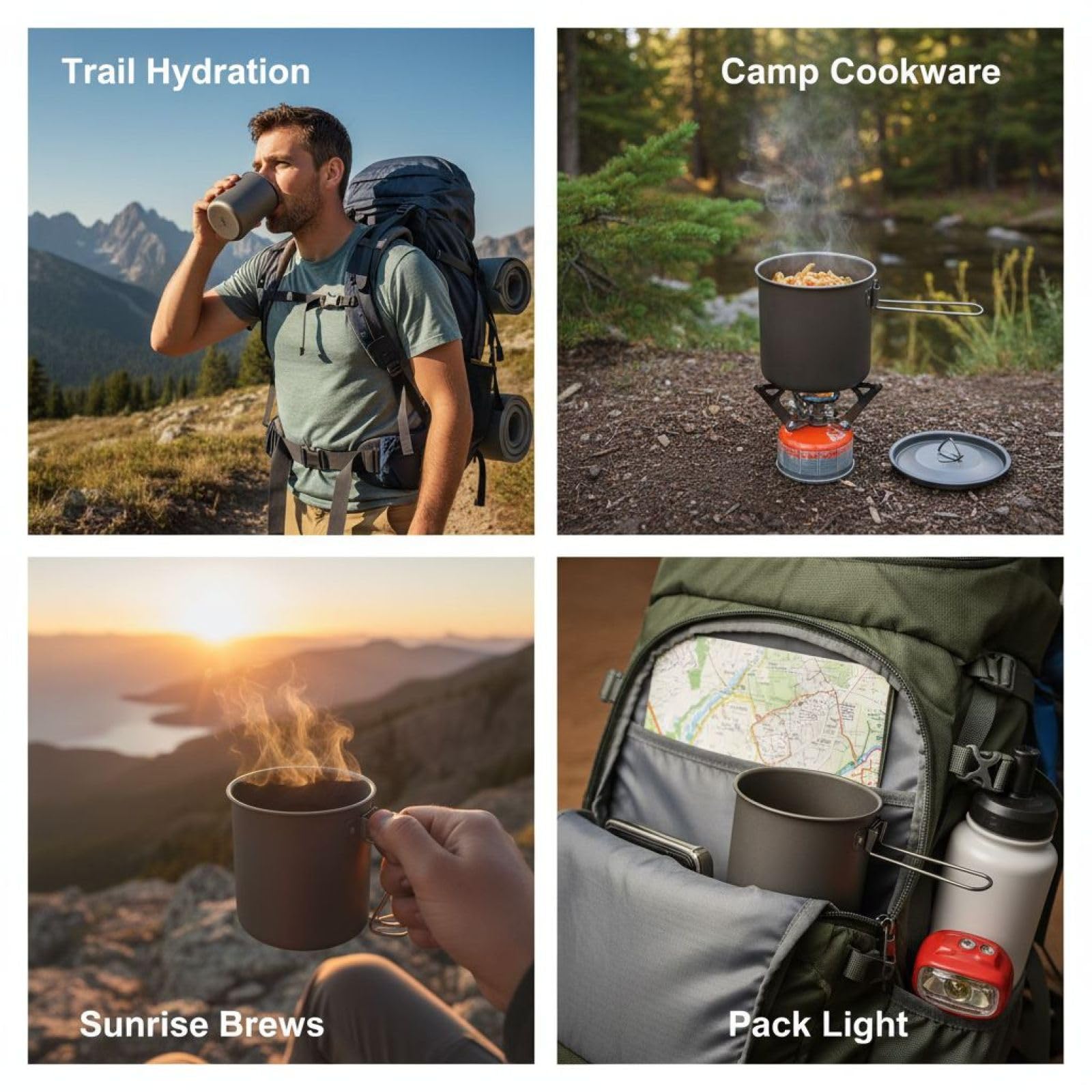 718.9 g / 750ml Reintitan Camping Kochtopf, Titan-Mundbecher mit klappbarem Griff, leicht 102.1 g / 103g, tragbar für Camping, Reisen, Picknick