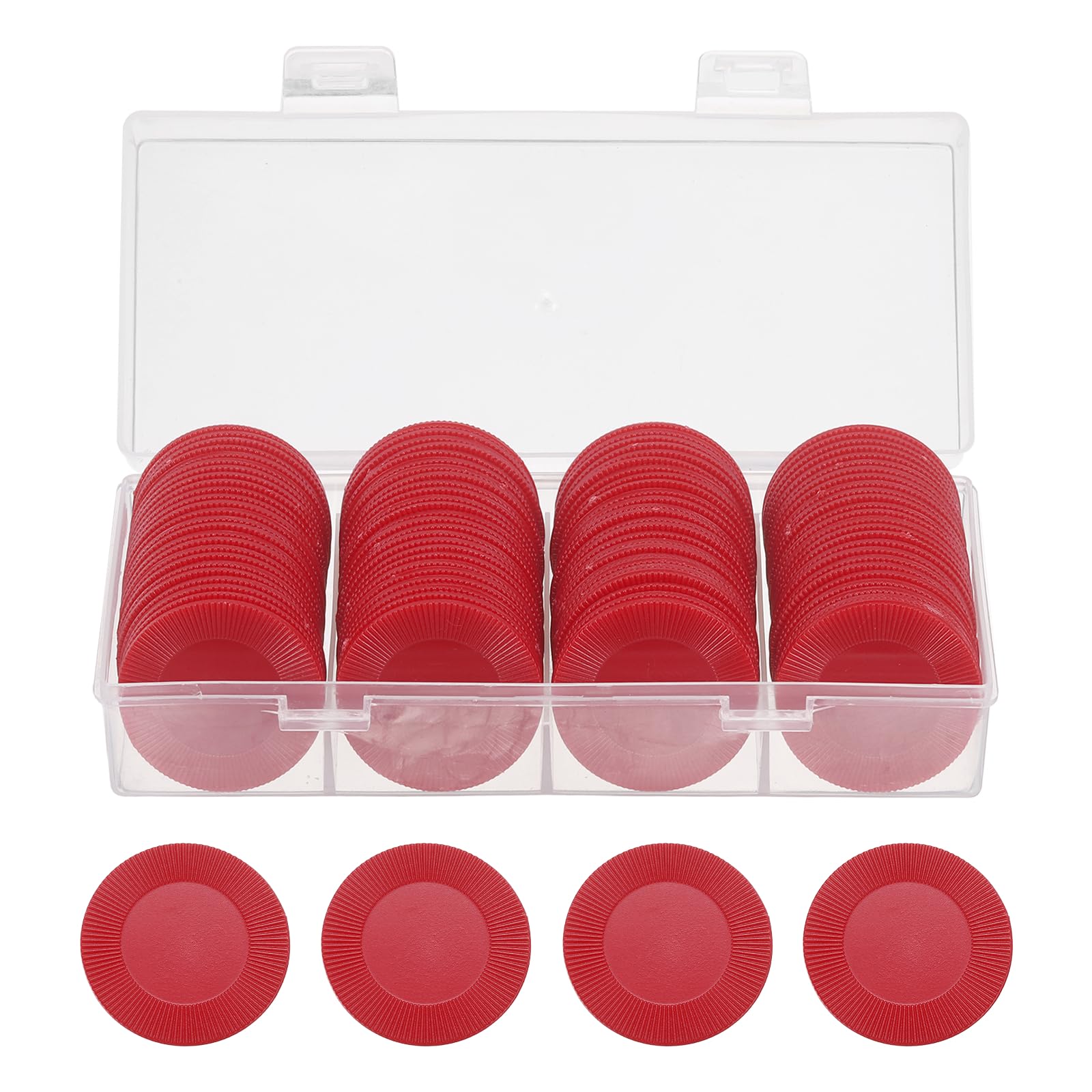 sourcing map 100Pcs Plastic Poker Chips, 38mm Mini Bingo Chips Learning Counters Counting Chips Counters Disks Markers Opaque Game Tokens with Storage Box for Game Play Math Counting, Red