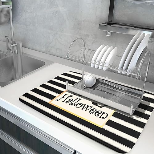 Miniatura 5 de Tapete de secado de platos de murciélagos de Happy Halloween para encimera de cocina, tapete de secado de rayas blancas y negras de 18 x 24 pulgadas
