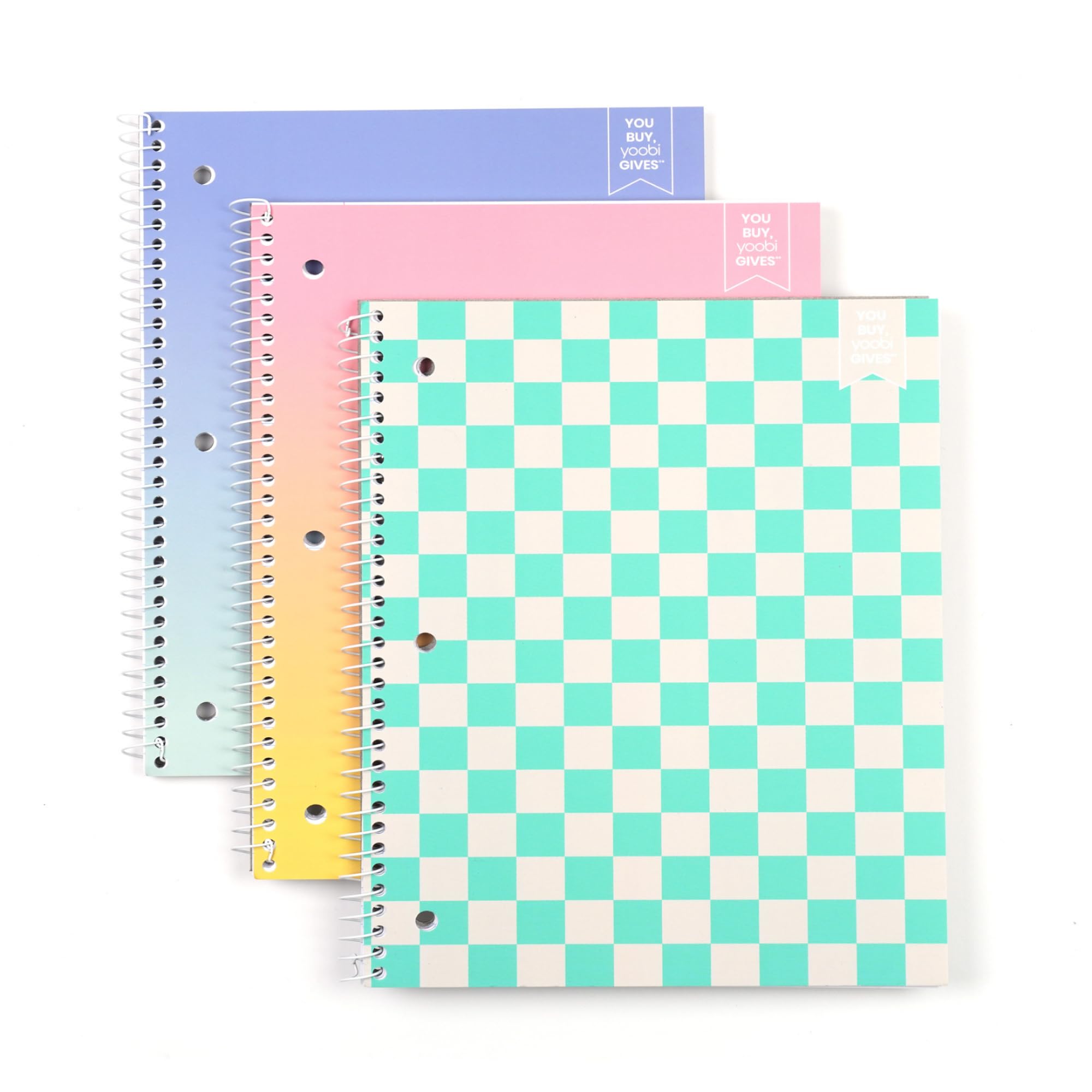 Yoobi Wide Ruled Spiral Notebook Set – 3-Pack of 1 Subject Notebooks, Bright Pink, Blue & Green Designs – 150 Perforated 3-Hole Punched Sheets Each,