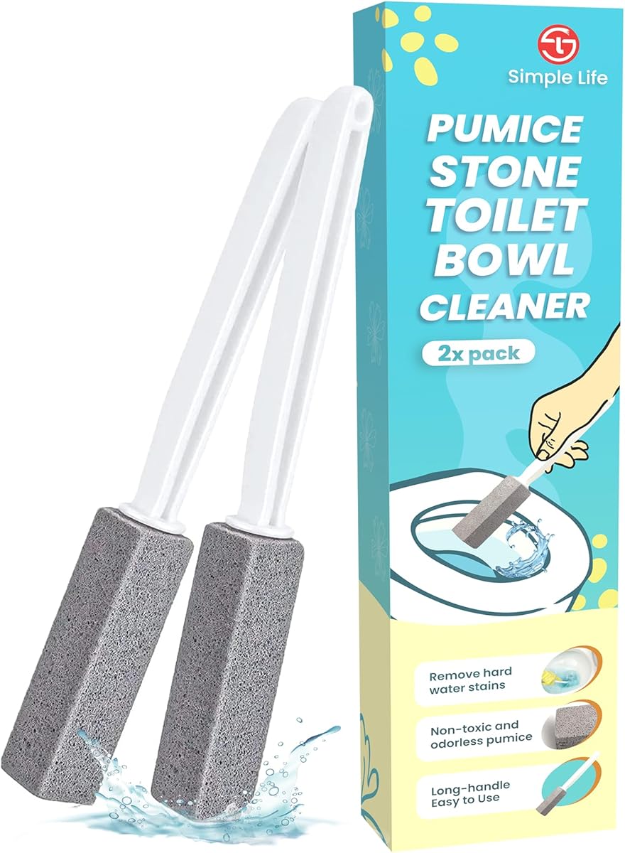 Simple Life Pumice Stone Toilet Bowl Cleaner with Handle - A Reliable and Harmless Solution for Cleaning Limescale, Mildew, and Hard Water Stains on Toilets, Grills, Tiles, Grout, and Pools (2 Count)