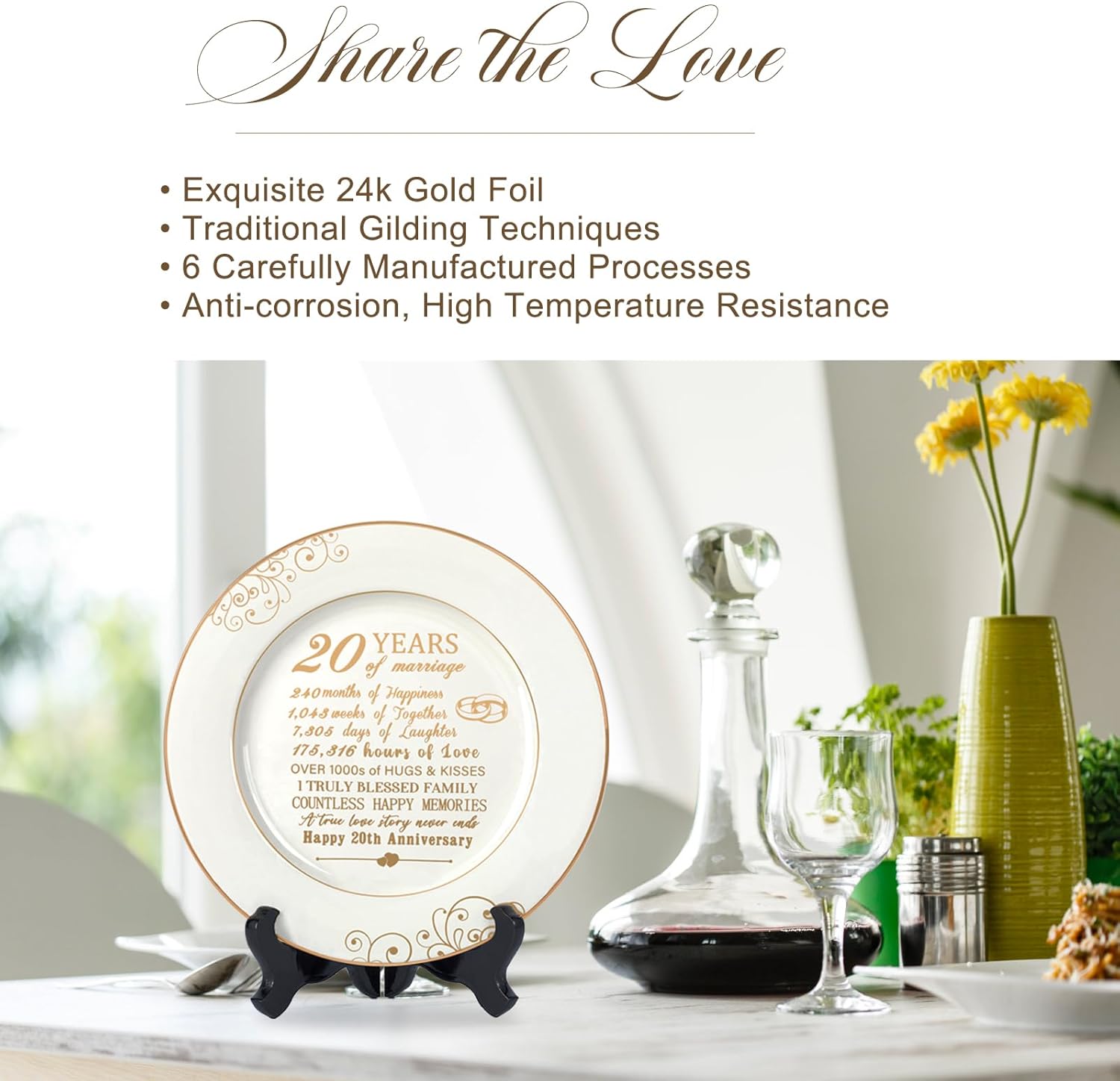 20 Year Anniversary Plate with 24k Gold Foil Decorations - 20th Anniversary Wedding Gifts for Wife Couple Him Her Husband, Ceramic 9"