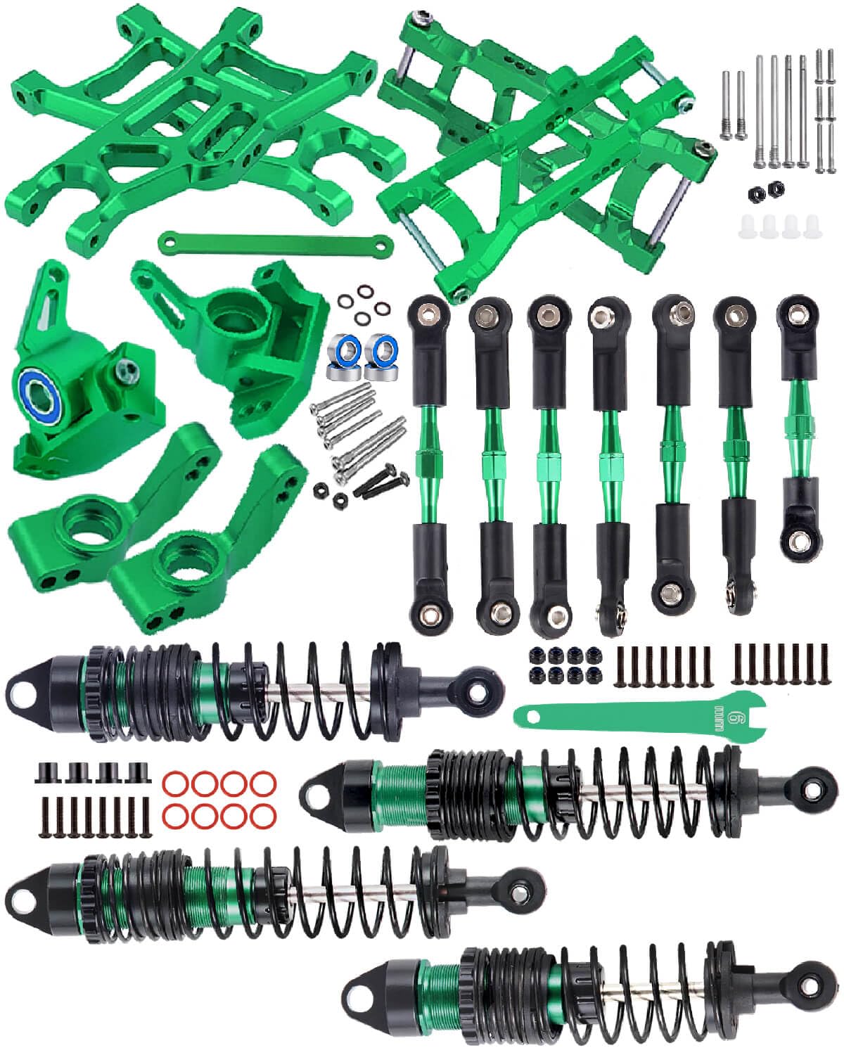 hopsupRC Big Bore RC Shocks Upgrades Part for 1/10 Rustler/Stampede 2WD, Aluminum A Arm & Caster Block & Steering Blocks & Rear Stub Axle Carriers & Adjustable Turnbuckles Camber Link,Green