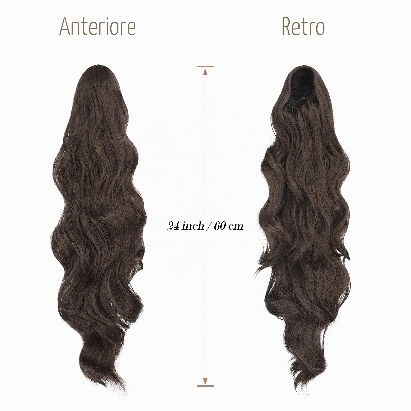 FESHFEN Extension Coda Capelli Lunga Castano Medio Posticci per Capelli Ondulati Ricci Coda Cavallo Capelli Extensions Finta per Donne, 60 cm